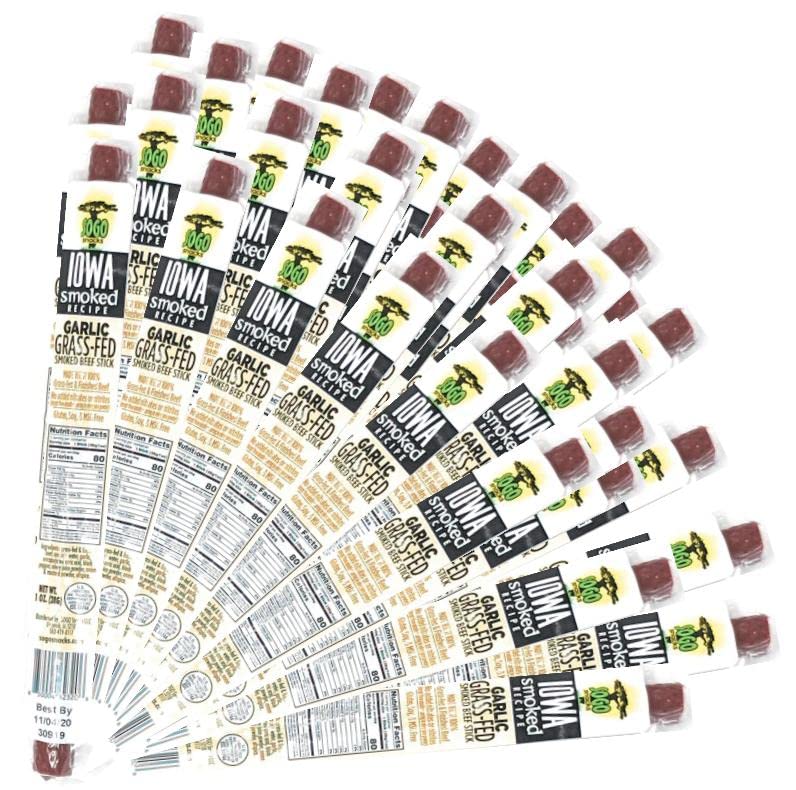 Sugar Free Beef Jerky Sticks - Non-GMO Grass-Fed, No Nitrates, Gluten, Soy, MSG, Dairy or Nuts - Low Calorie High Protein Paleo, Whole30 & Keto Snacks (Garlic Flavor, 1-oz, 72 Count) - Perfect for On-the-Go, Hiking, Camping & Healthy Office Snacking