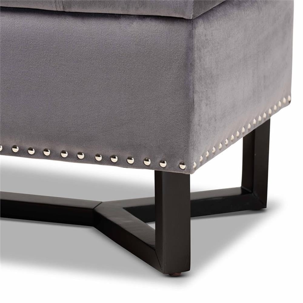 BOWERY HILL Grey Velvet Upholstered Storage Ottoman with Brown Wooden Legs - Perfect for Living Room, Bedroom, or Entryway Organization