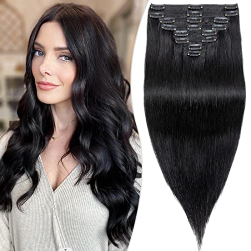 S-noilite Clip in Human Hair Extensions - 100% Remy Human Hair, Double Weft, 8 Pieces 18 Clips, 24 Inch 170g, Jet Black (#1) - Straight & Silky for Volume & Length - Perfect for Daily Wear, Parties & Special Occasions