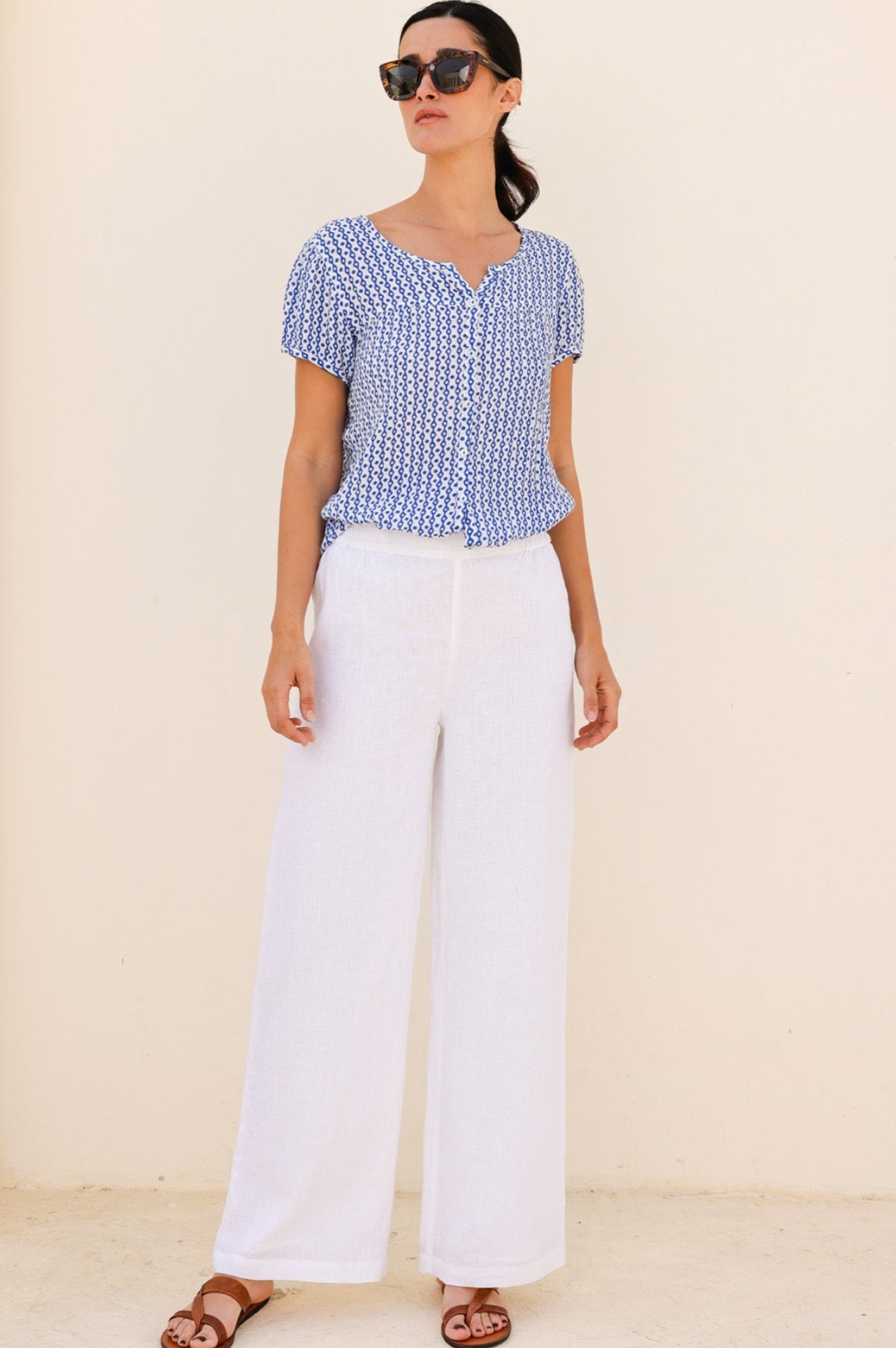 Lisbon Blouse - Santorini Border Blue & White Floral Print Women's Top | Casual Summer Beachwear & Vacation Outfit