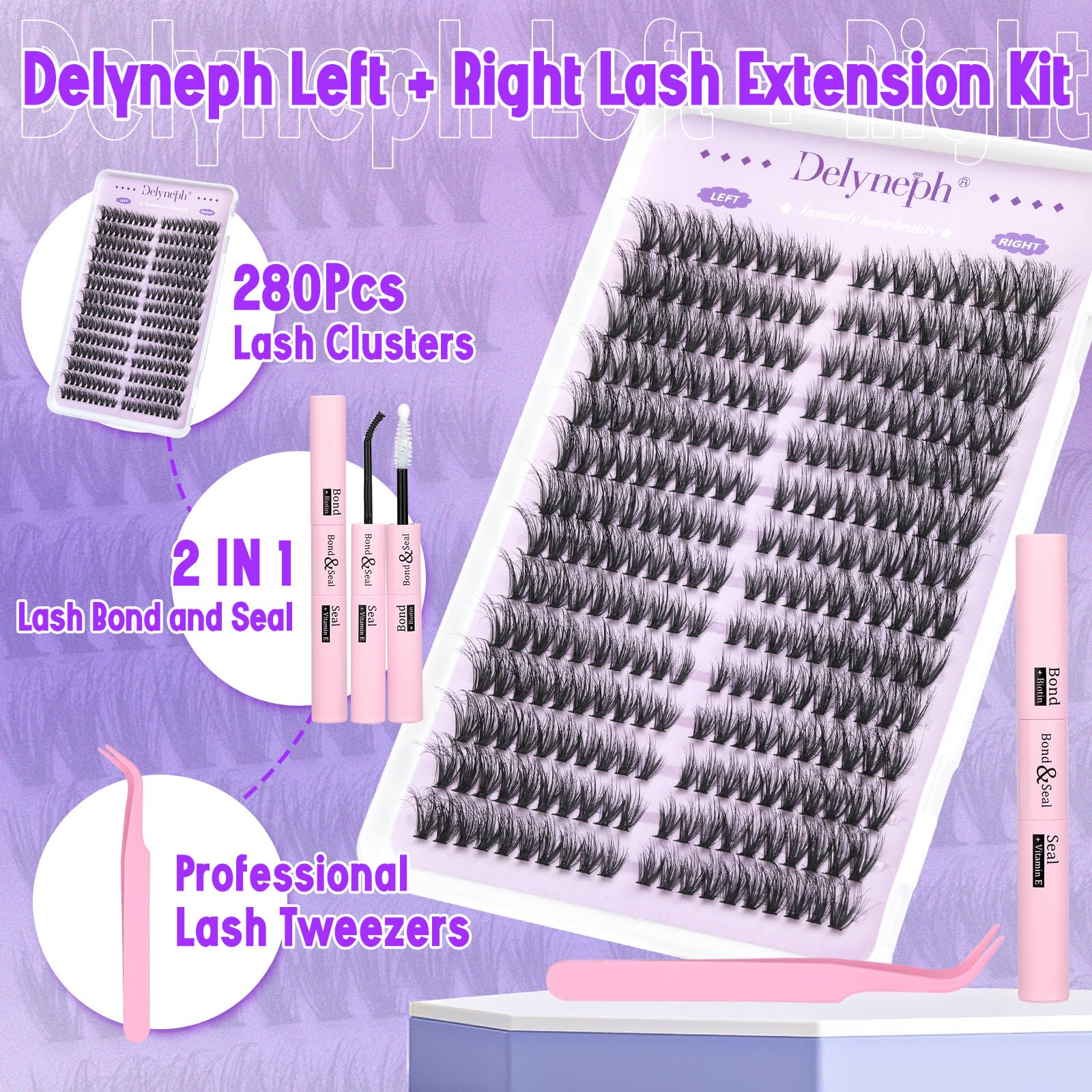 Fluffy Lash Clusters Kit - 280Pcs Wispy Eyelash Extensions Set with C Curl 9-18mm Cat Eye Lashes, 40D Volume Individual Lashes Kit Includes Lash Bond & Seal - Perfect for Bridal, Party & Special Occasion Makeup