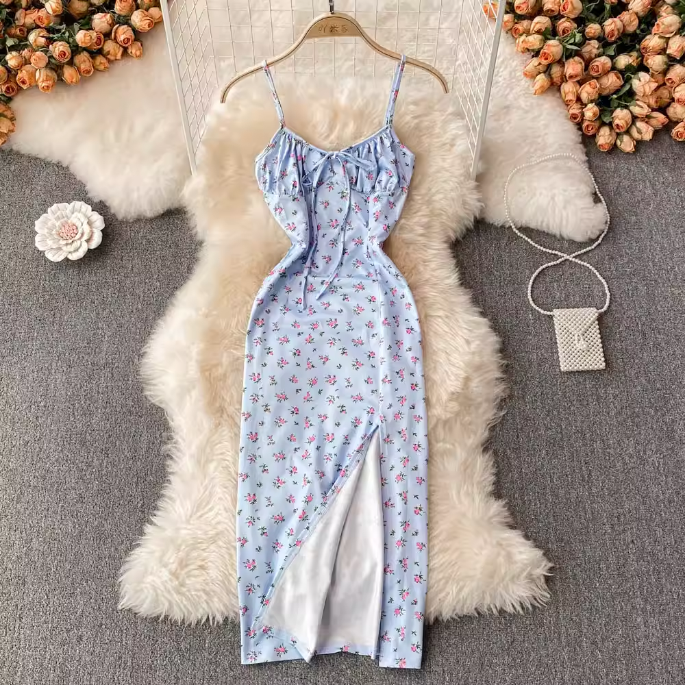 Floral V-Neck Spaghetti Strap Midi Dress with Side Slit - Elegant Summer Party, Wedding Guest, or Date Night Outfit