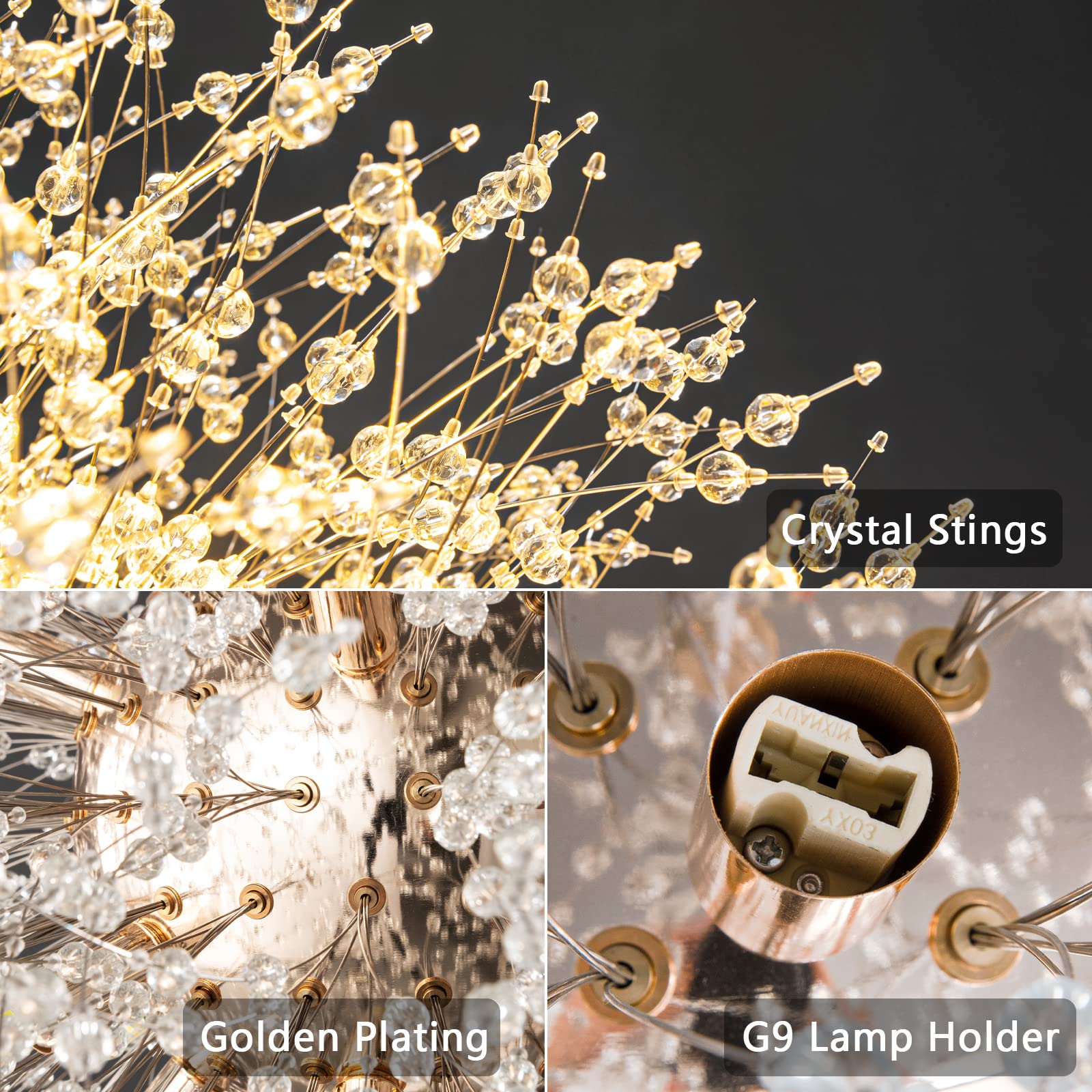 Modern Chandelier Firework Dandelion Sputnik Chandelier - 16-Light Crystal Gold Pendant Lighting Fixture for Kitchen Island, Dining Room, Bedroom & Living Room - Elegant Ceiling Light for Home Decor, Wedding & Luxury Interior Design