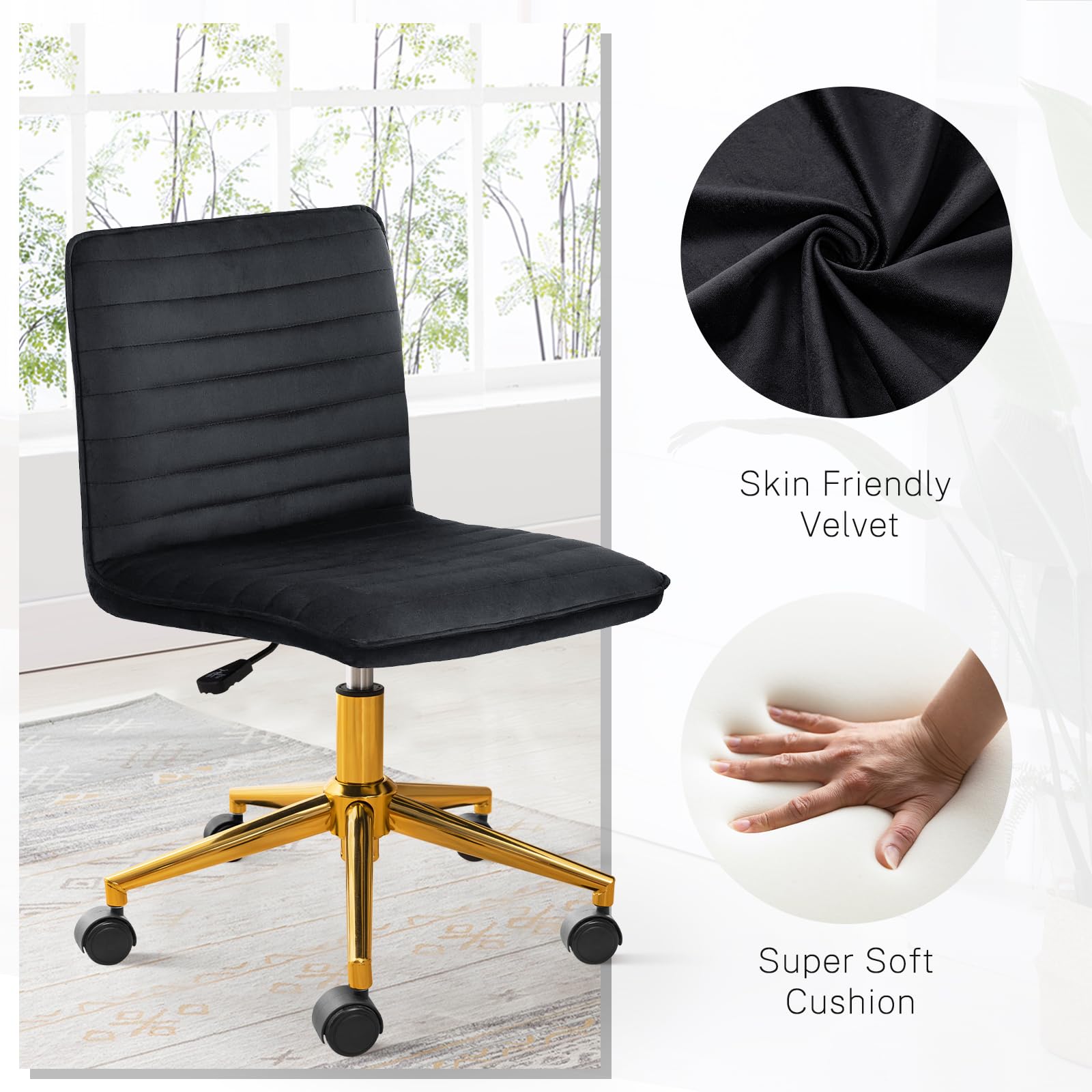 Furniliving Home Office Desk Chair - Armless Velvet Rolling Chair with Adjustable Height & Gold Metal Base, Black - Perfect for Computer Work, Vanity Desks & Small Spaces