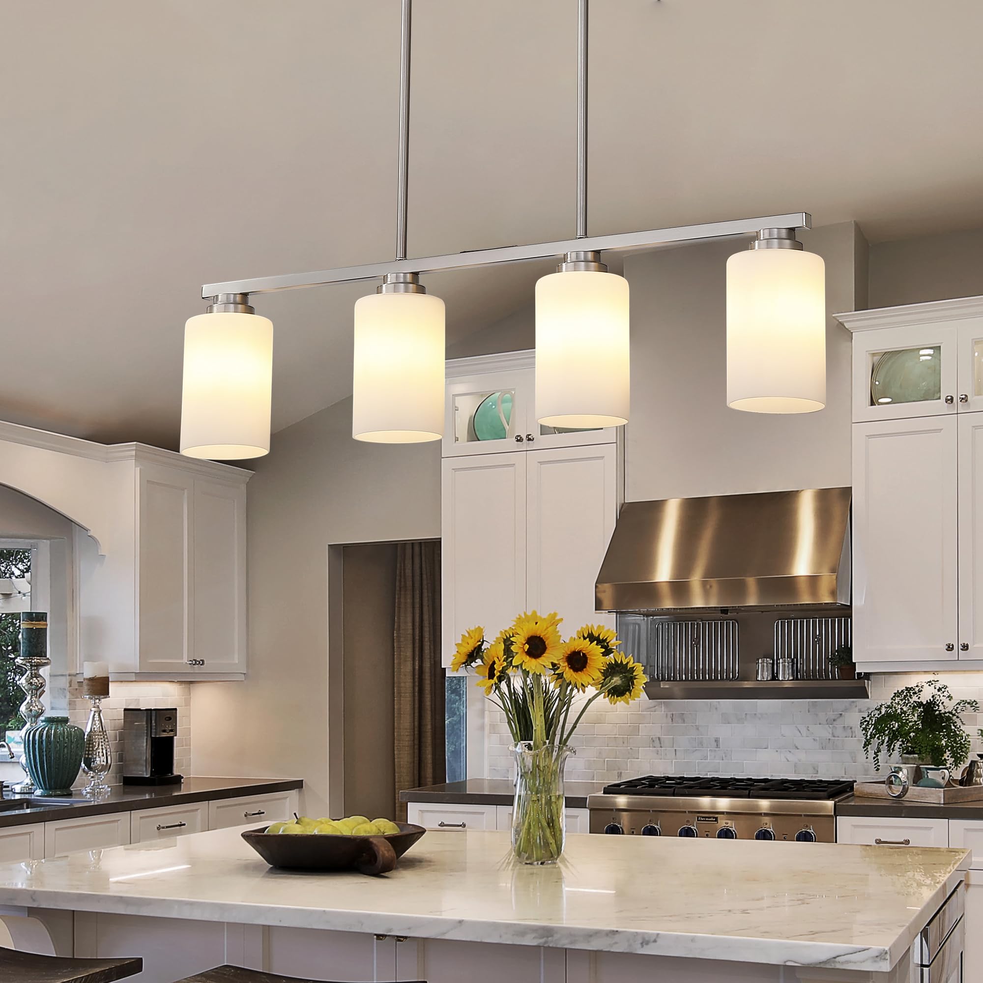 Brushed Nickel 4-Light Linear Chandelier Pendant Lighting with Milk Glass Shade - Modern Island Light Fixture for Kitchen, Dining Room & Living Room - Perfect Over Table, Kitchen Island & Dining Table Areas