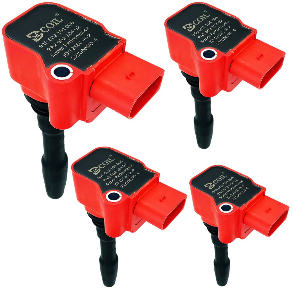 4 Pcs DMCOIL Red High Performance Ignition Coil Packs Compatible With PORSCHE 718 BOXSTER CAYMAN (982) AUDI VW SKODA SEAT 1.8T 2.0T 2.5T EA888 Engine 2013-2023 - Replaces OEM 9A260210401 - Perfect for Performance Upgrades & Engine Tuning
