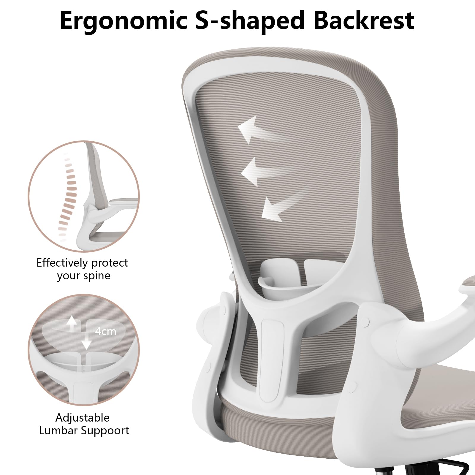 Ergonomic Office Chair with Lumbar Support - Adjustable Height & Flip-Up Arms - Breathable Mesh Swivel Task Chair for Home & Office Use - Perfect for Long Hours of Work, Gaming, or Studying