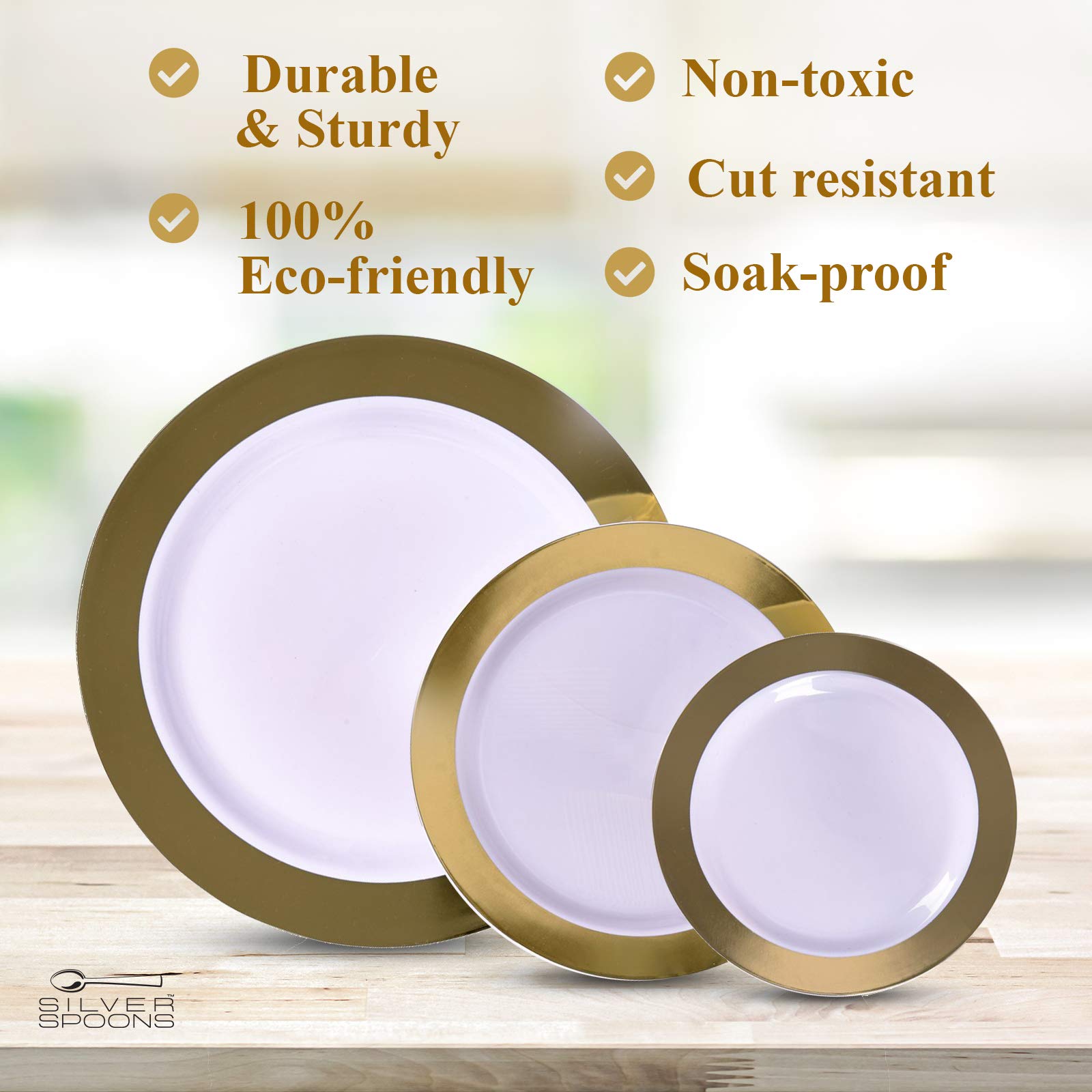 Elegant 60-Piece Disposable Dinnerware Set - 20 Dinner Plates, 20 Salad Plates, 20 Dessert Plates | Heavy Duty Silver Spoons Party Dishes with Fine China Look | Perfect for Weddings, Catering & Upscale Events (Ritz Gold)