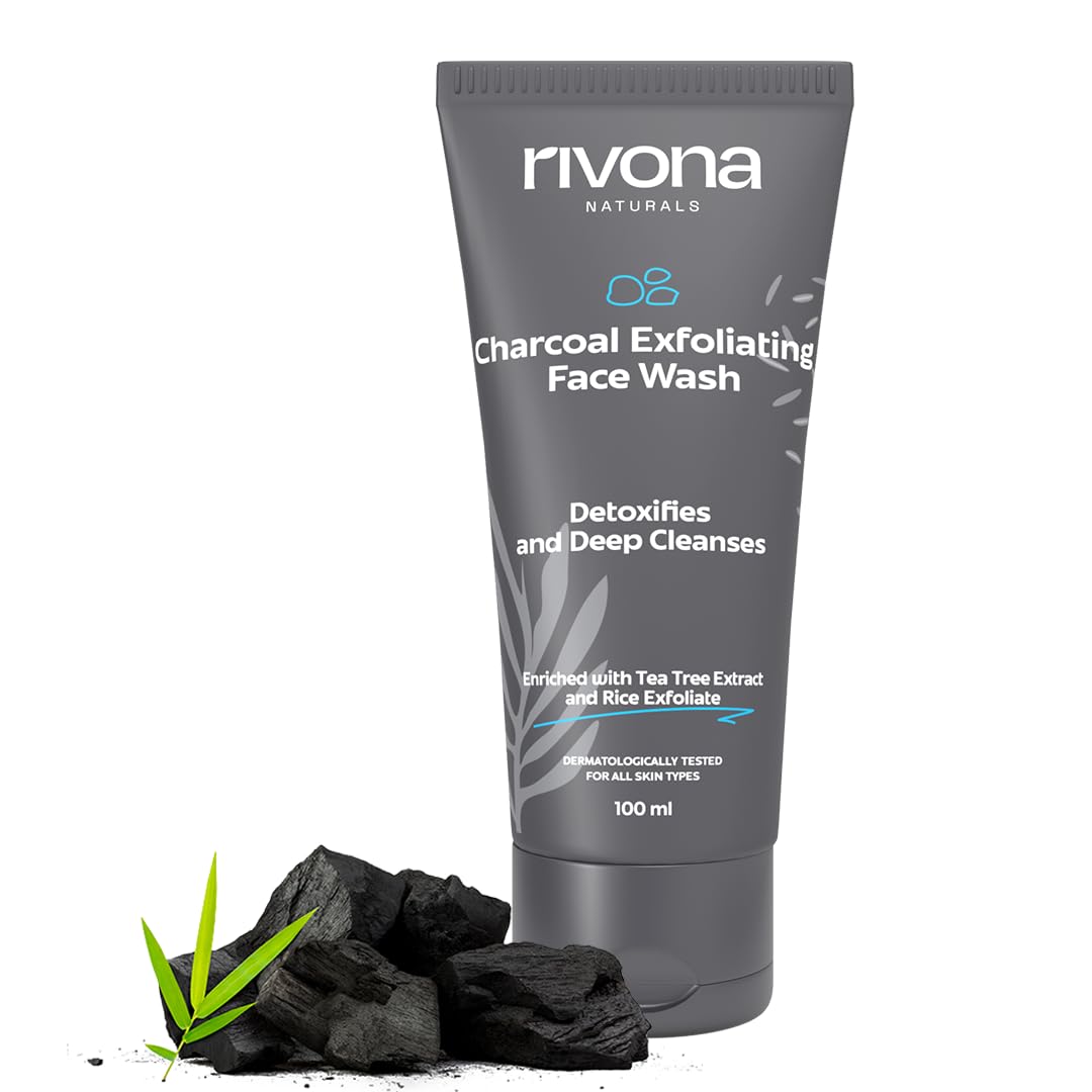 Rivona Naturals Charcoal Face Wash for Men - Anti-Pollution & Deep Pore Cleansing with Tea Tree & Rice Granules (100ml) | Gentle Daily Cleanser for Oily & Acne-Prone Skin | Perfect for Gym, Travel & Post-Workout Skincare Routine