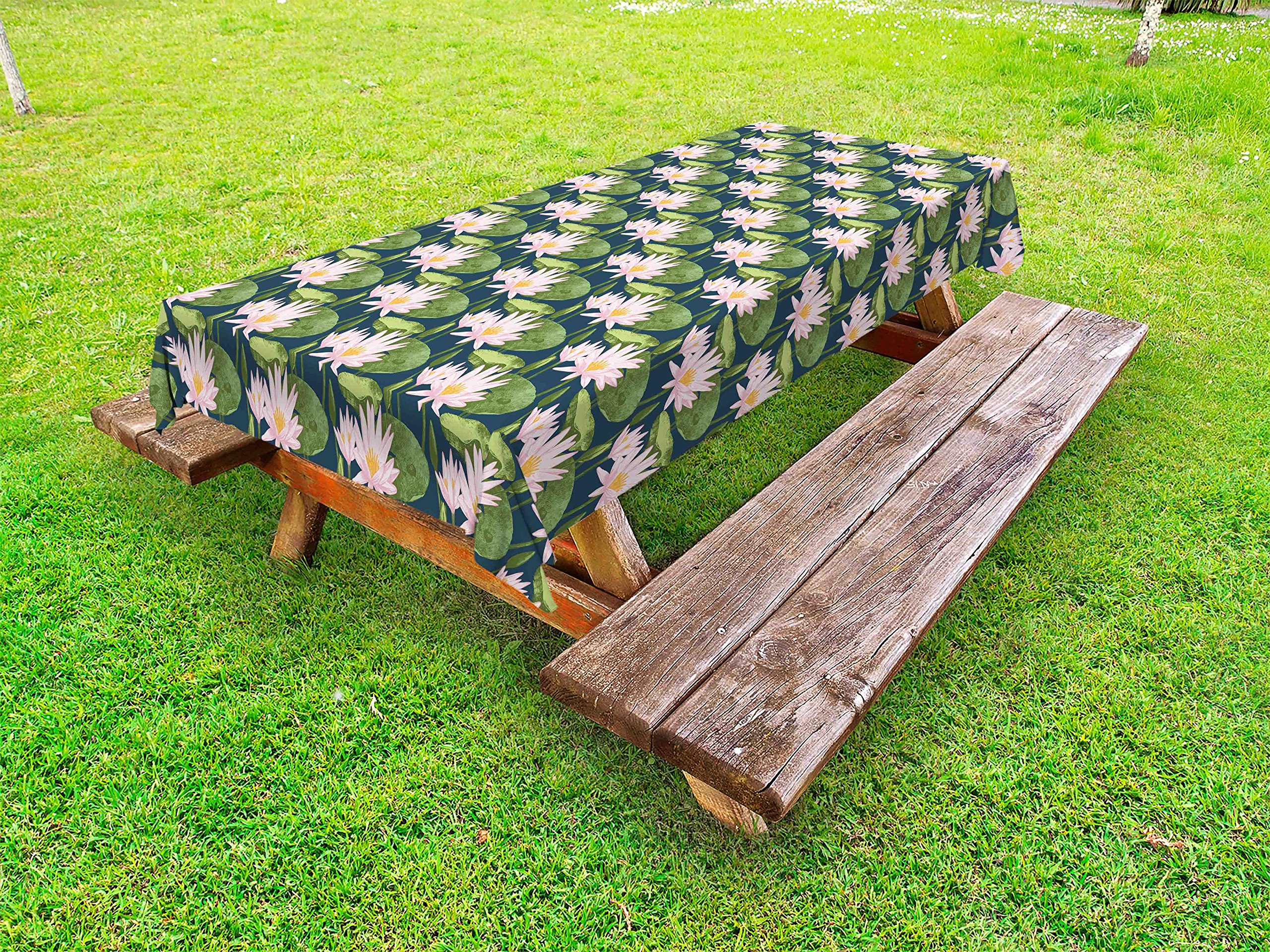 Ambesonne Lily Flower Outdoor Tablecloth - Hand Drawn Pink Blossoms Pond Design, Waterproof Washable Picnic Table Cover 58x120 Inches - Perfect for Garden Parties, Feng Shui Decor & Outdoor Dining