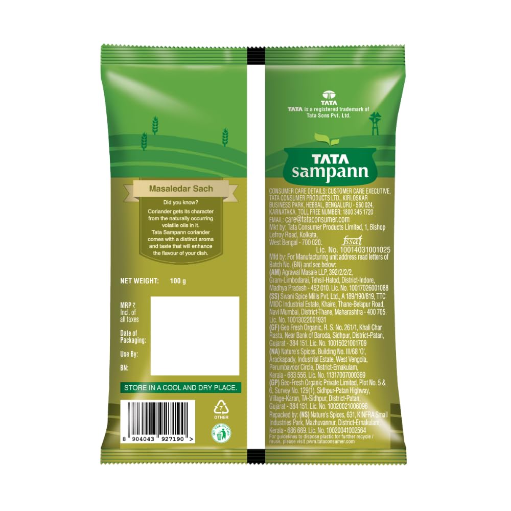 Organic Tata Sampann Coriander Powder (Dhania) 100g - Premium Ground Cilantro with Natural Oils for Cooking, Indian Cuisine & Spice Blends | Gluten-Free & Vegan-Friendly Seasoning for Curries, Soups & Marinades