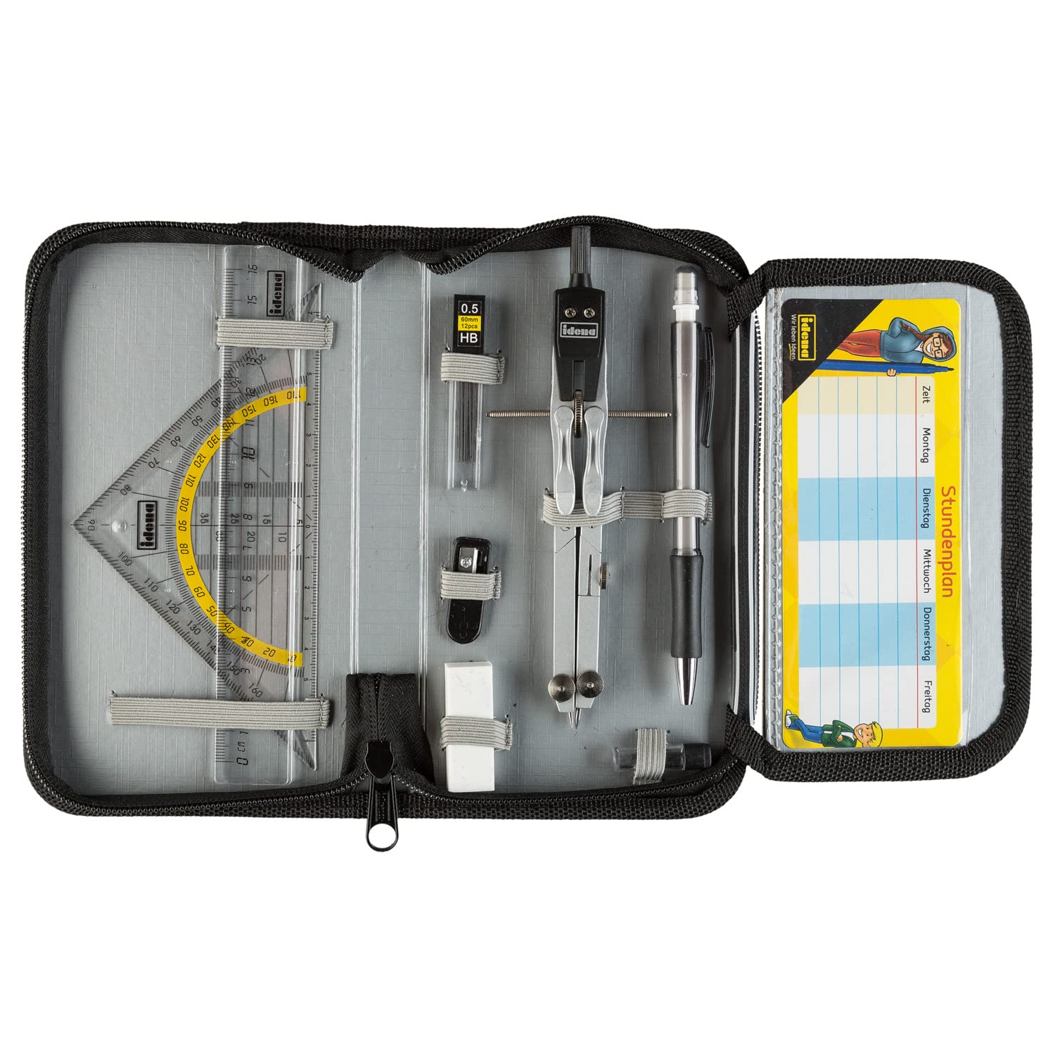 Idena 20066 Professional Drawing Compass Set - 11-Piece Geometry Kit with Protractor, Ruler, Replacement Leads, Mechanical Pencil, Eraser & Sharpener - Perfect for School, Engineering & Art Projects