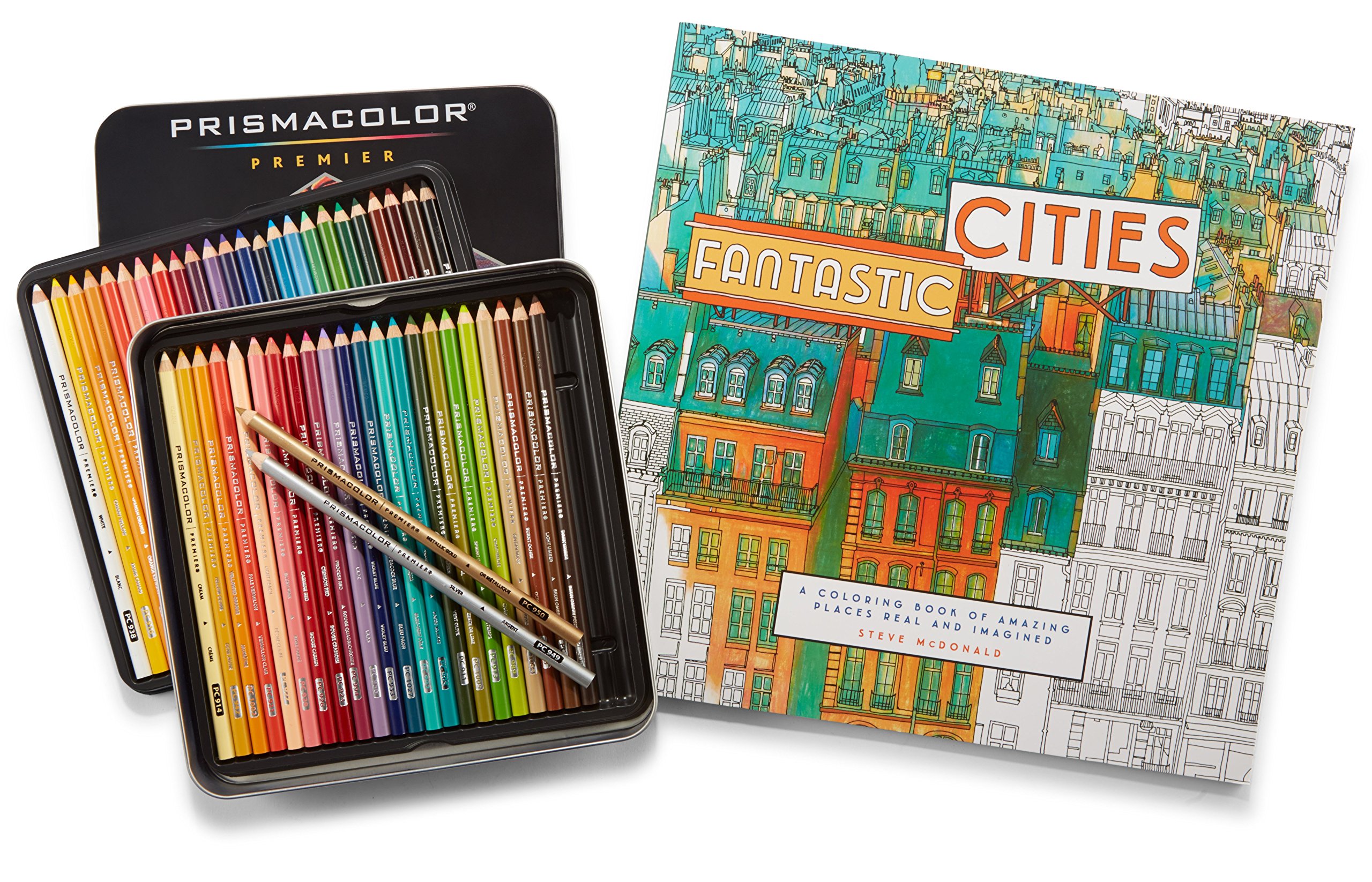 Prismacolor Premier Soft Core Colored Pencils 48 Pack with Adult Coloring Book - Fantastic Cities Design for Artists, Sketching & Stress Relief