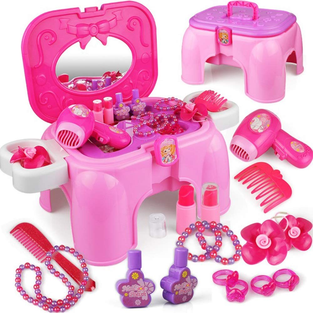 Pink Kids Dressing Table Set with Mirror - Toddler Vanity Dresser & Makeup Play Accessories for Girls Pretend Play (33x25x28cm) - Perfect for Birthday Gifts, Role Play, Bedroom Decor & Fantasy Playtime