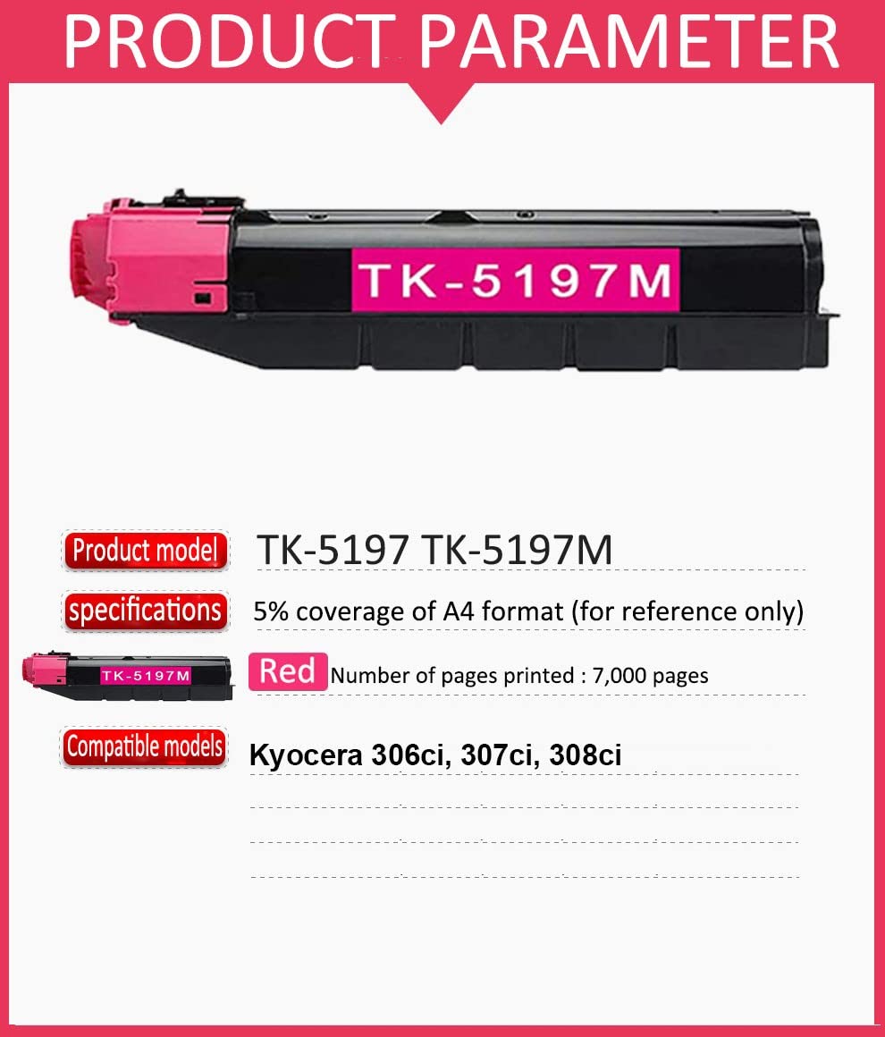 2-Pack Magenta Compatible TK-5197M Toner Cartridge Replacement for Kyocera 306ci 307ci 308ci Printers - High-Quality Printing for Office Documents & Business Reports