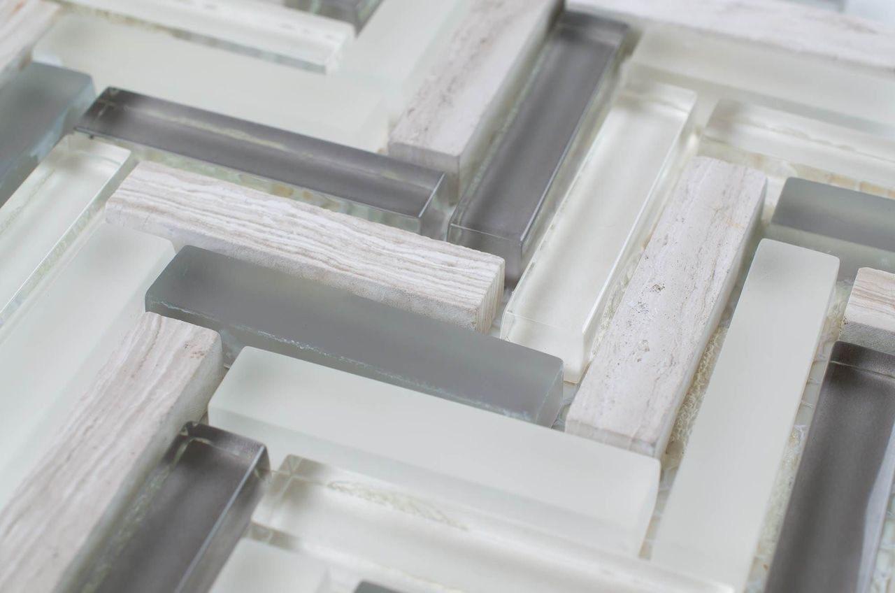 Herringbone Pattern Glass Stone Tile - Silver Mosaic for Kitchen Backsplash & Bathroom Wall Decor