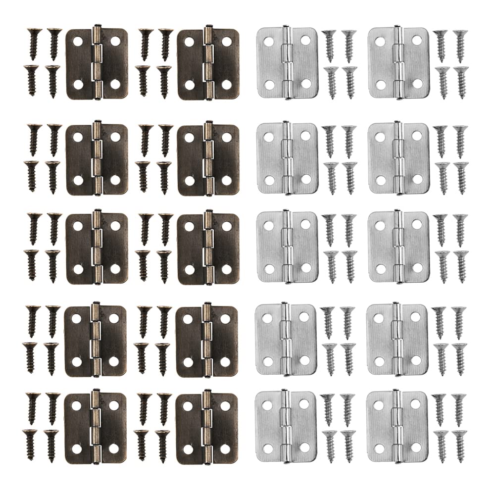 RAYNAG 50pcs Mini Hinges with Screws - Small Metal Hinges for Wood Jewelry Box, Cabinet, Furniture, Dollhouse & Miniature Crafts - Perfect for DIY Projects, Home Repair and Model Making