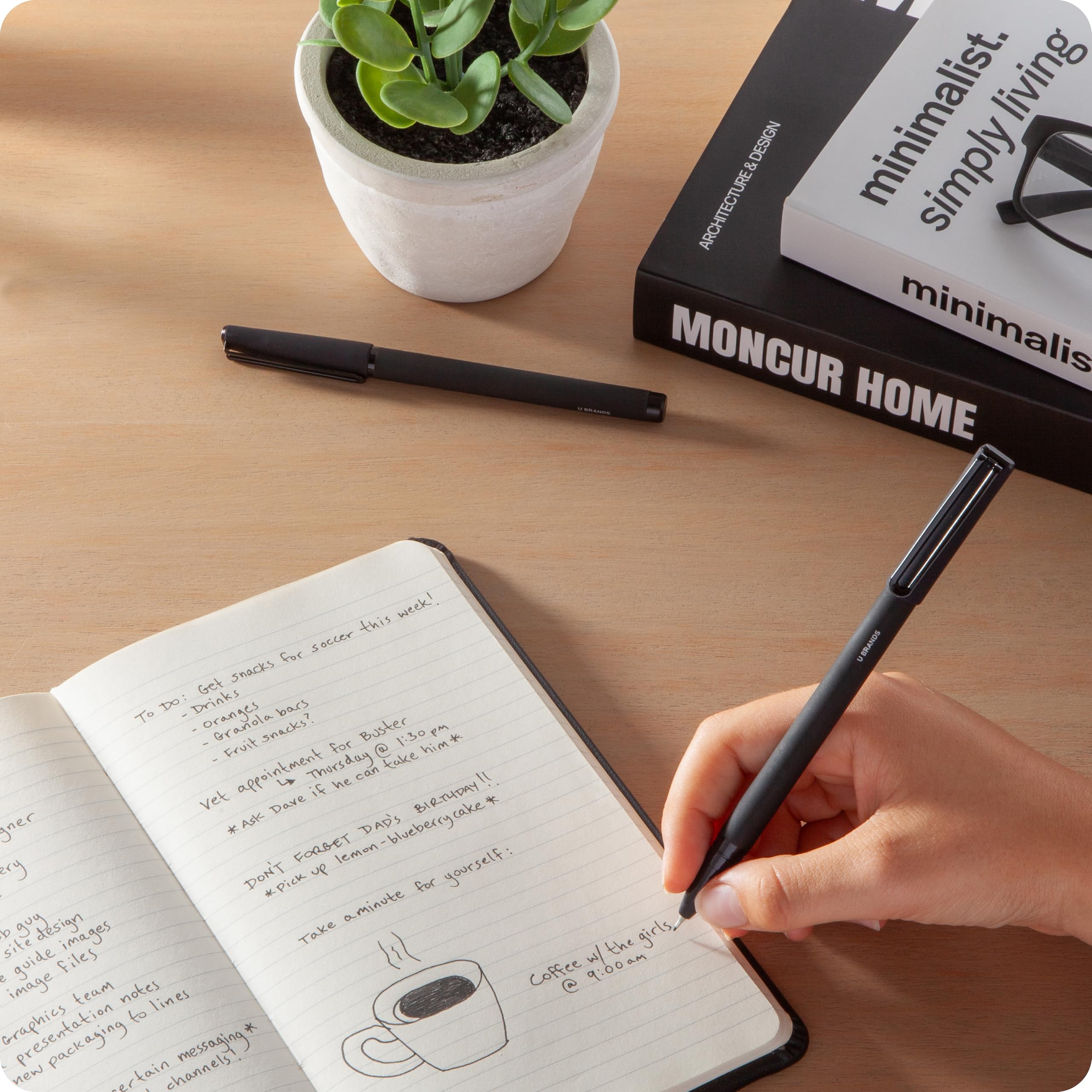 U Brands Midnight Catalina Felt Tip Pens - 12-Pack Fine Point (0.7mm) Black Ink Pens with Soft Touch Grip & Black Metal Accents - Perfect for Journaling, Note Taking, Sketching & Office Work