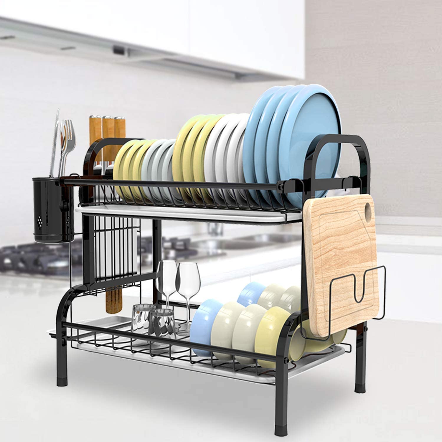 2-Tier Stainless Steel Dish Drying Rack with Drainboard & Cup Holder - Space Saving Kitchen Counter Organizer for Plates, Bowls & Utensils | Perfect for Small Kitchens, Apartments & RVs