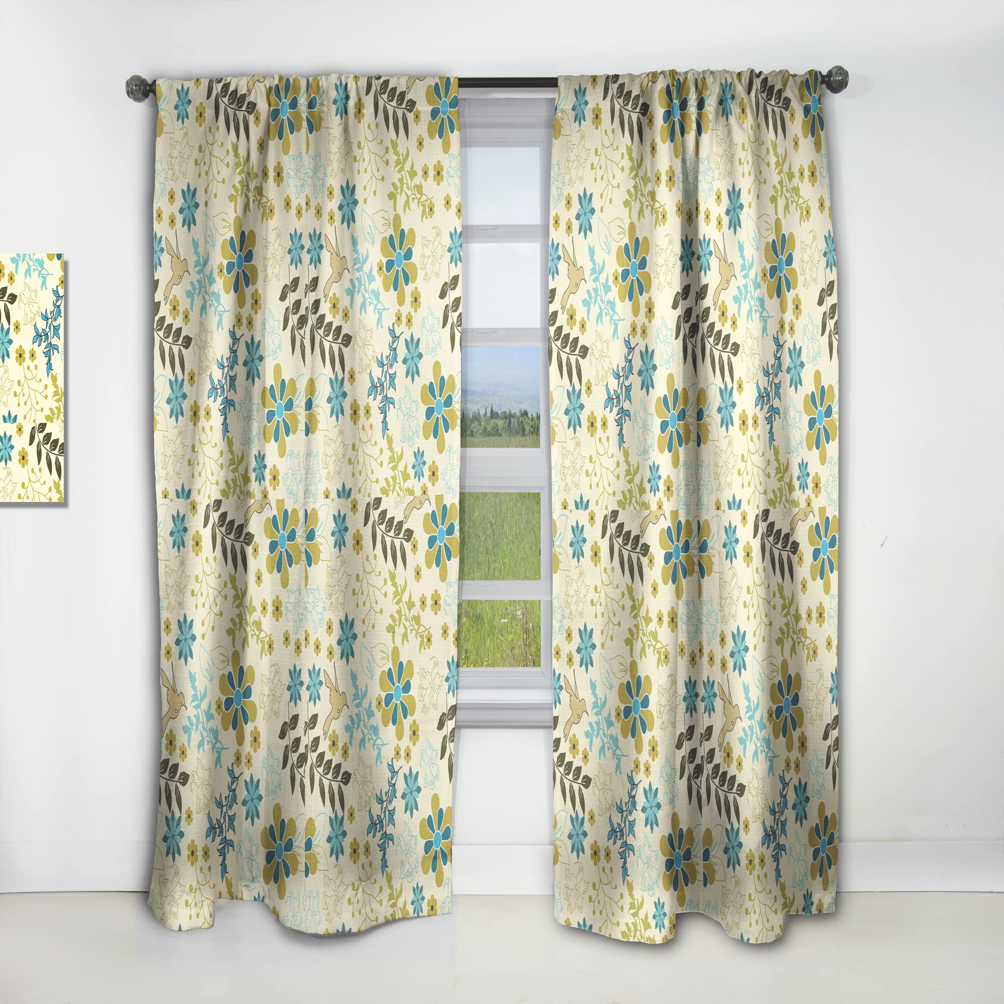 Hand Drawn Flowers and Hummingbird Thermal Insulated Curtains - Single Panel 52x120 - Elegant Window Treatments for Bedroom & Living Room - Perfect for Home Decor, Privacy & Energy Efficiency