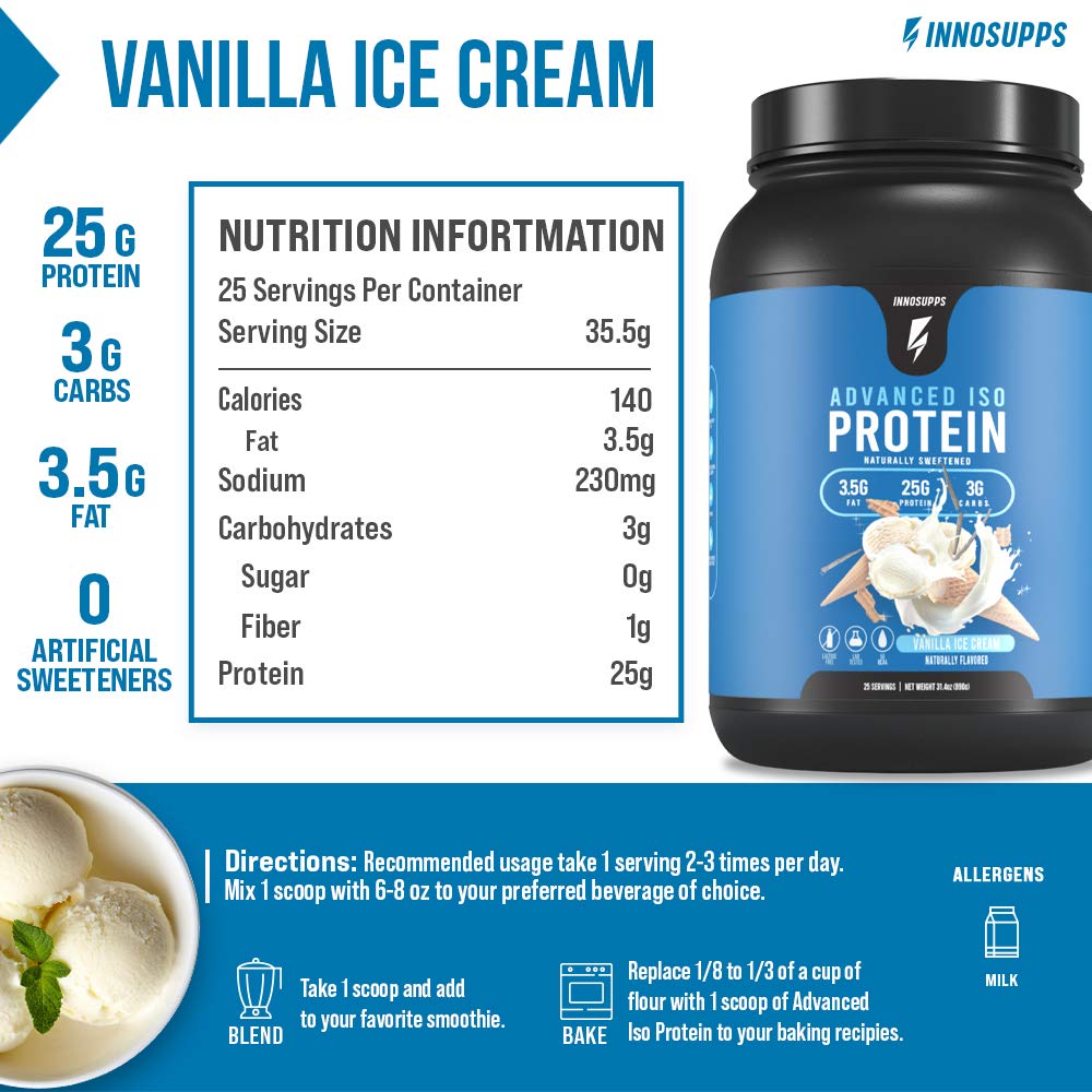 InnoSupps Advanced Iso Protein Powder - 100% Whey Isolate, Low Fat & Low Carb (25g Protein per Serving) | Hormone-Free, Gluten-Free, Soy-Free, No Artificial Sweeteners | Vanilla Ice Cream Flavor | Perfect for Post-Workout Recovery & Muscle Building
