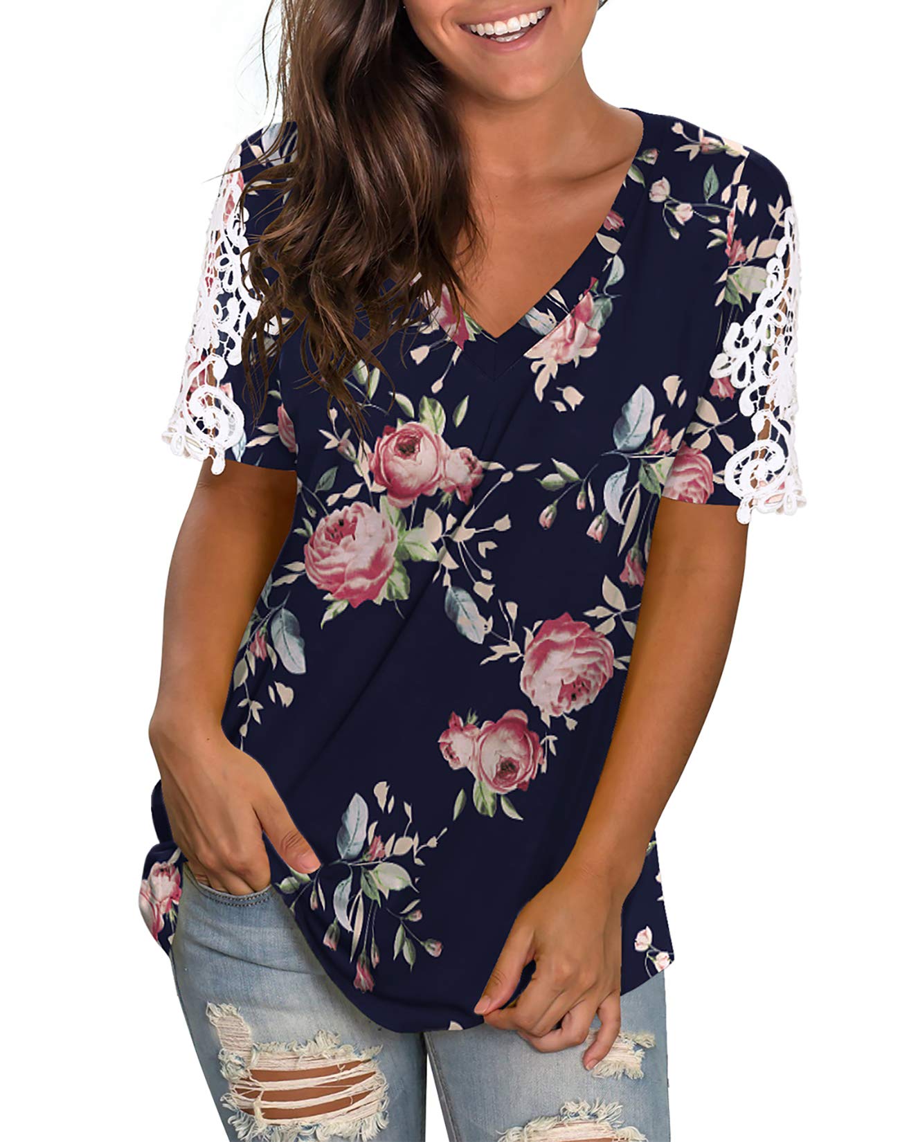 NIASHOT Women's V-Neck Short Sleeve Lace T-Shirt - Casual Summer Tee Top for Everyday Wear, Date Night & Office Outfits