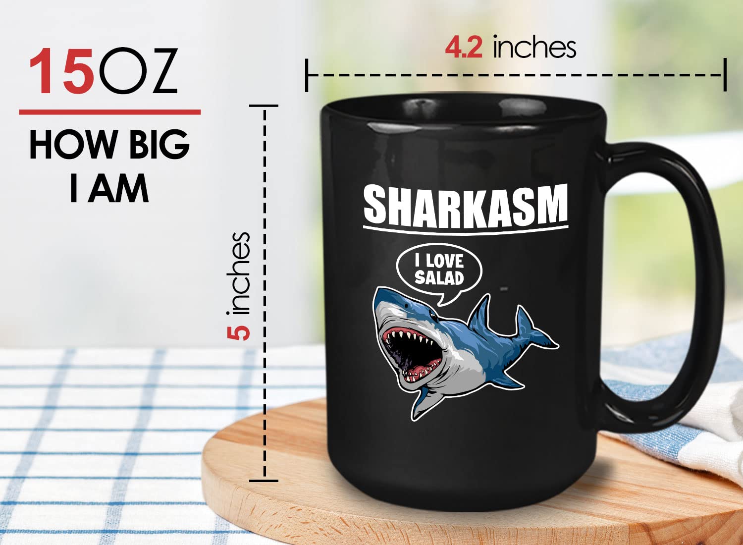 Bubble Hugs Sarcastic Coffee Mug 15oz Black - Sharkasm 'I Love Salad' Funny Shark Lovers Gift - Office Humor for Coworkers, Vegan Jokes - Perfect for Coffee Breaks & Desk Decor