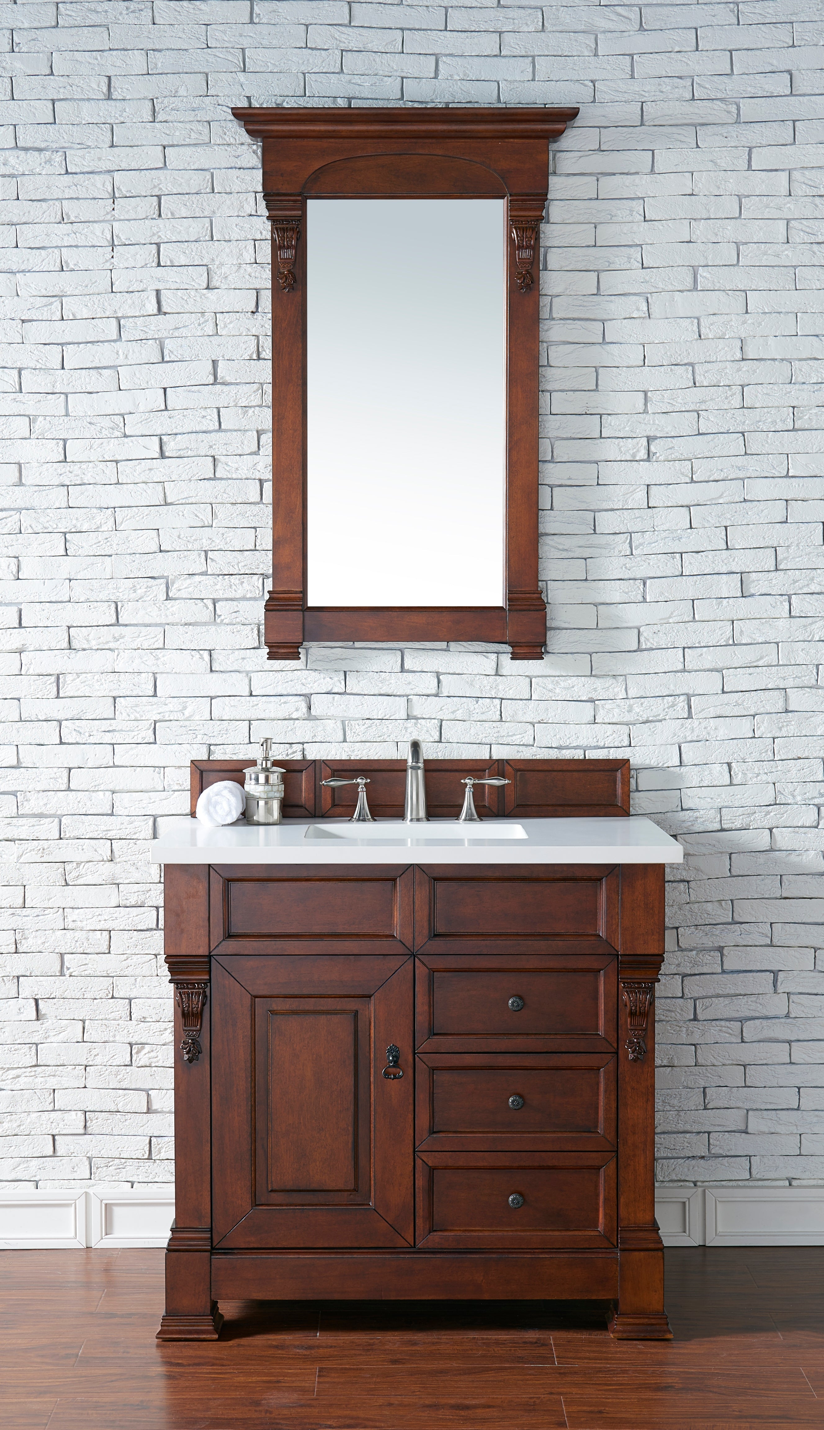 Brookfield 36-Inch Warm Cherry Wood Bathroom Vanity with 3CM Classic White Quartz Countertop - Perfect for Modern Master Bathrooms & Powder Rooms