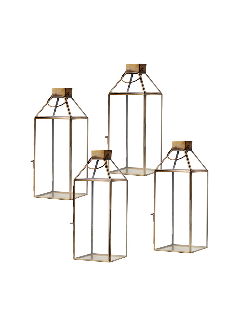 Large Gold Decorative Hurricane Lantern Candle Holder with Glass Panels - 16 Inch Tall Set of 4 - Elegant Home Decor for Dining Table, Wedding Centerpiece, Outdoor Patio Lighting