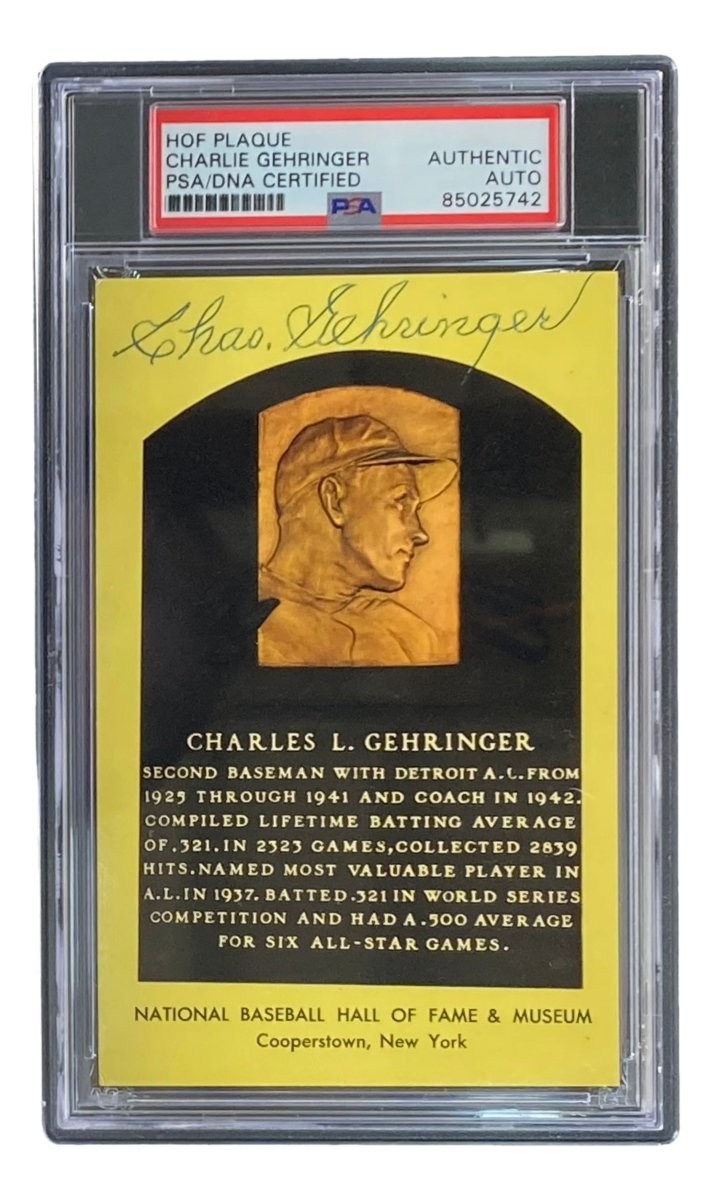 Charlie Gehringer Autographed 4x6 Detroit Tigers Hall of Fame Plaque Card with PSA/DNA Certification #85025742 - Perfect for Baseball Memorabilia Collectors and Sports Fans Display