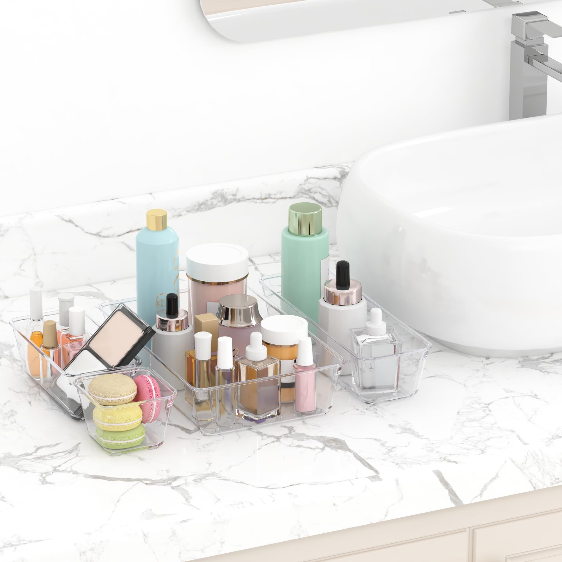 JIUYOTREE 15-Piece Clear Plastic Drawer Organizer Set - 4 Sizes for Makeup, Jewelry, Office & Bathroom Storage - Perfect for Vanity, Dresser, and Desk Organization