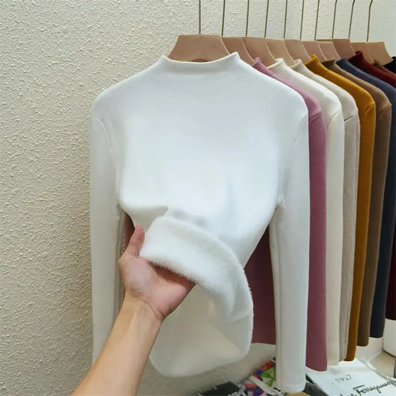 Women's Solid Half High Neck Velvet Sweater - Korean Fashion Warm Knitwear Long Sleeve Pullover Top for Autumn Winter | Cozy Casual Wear, Office Outfits & Holiday Layering