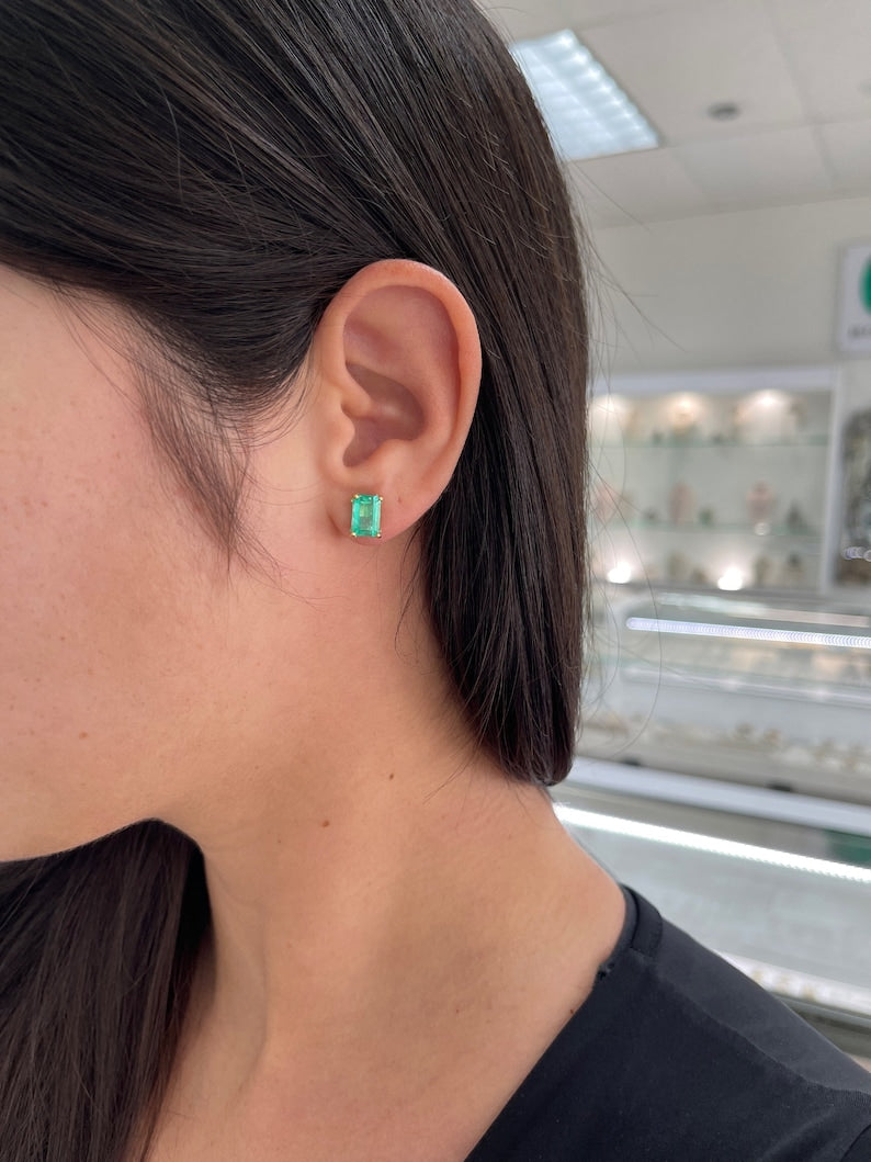 3.24tcw 14K Gold Fleur De Lis 4-Prong Emerald Cut May Birthstone Stud Earrings - Perfect for Mother's Day Gifts, Bridal Jewelry & Everyday Elegance