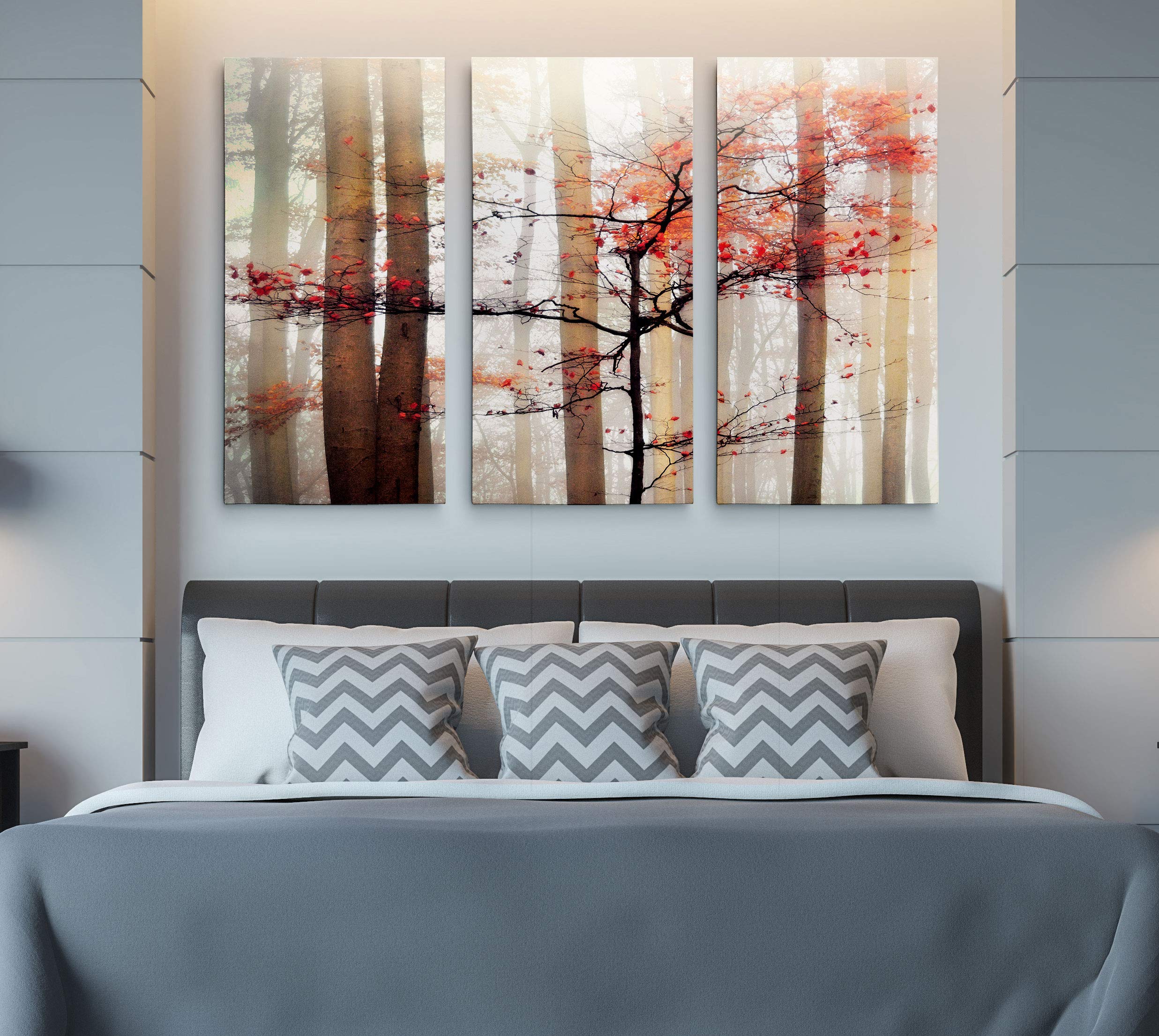 Orange Autumn Tree Forest Abstract Canvas Wall Art - 16x32 Inch 3-Panel Floral Prints for Living Room, Bedroom, Office & Kitchen Decor | Modern Home & Workspace Interior Design