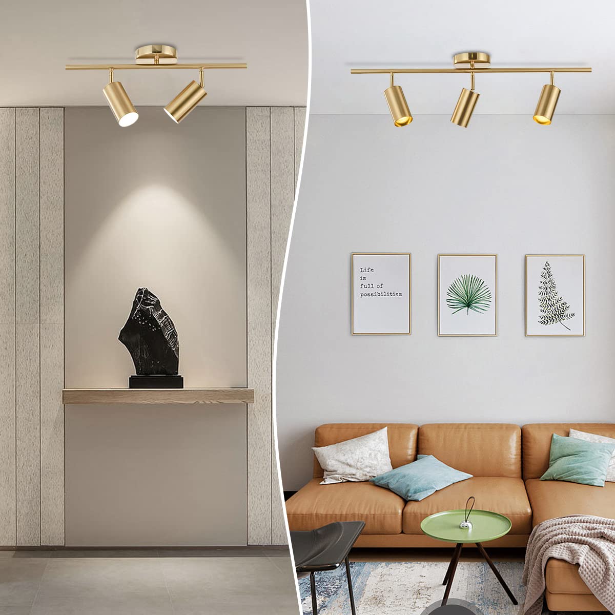 BOKT Gold Flush Mount Track Lighting Kit - 3-Light Adjustable Modern Ceiling Light Fixture for Kitchen Island, Living Room, Bedroom | Dimmable Wall Decor Lamp for Home & Office Spaces