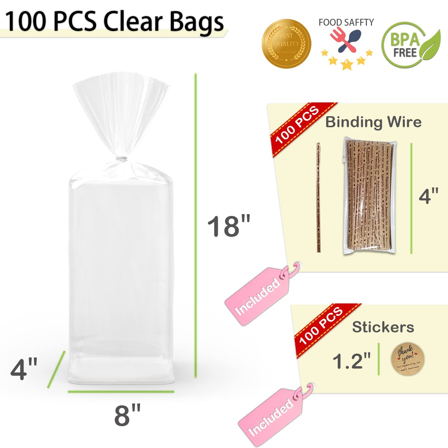 100 Clear Bread Bags with Ties & Thank You Stickers - 8