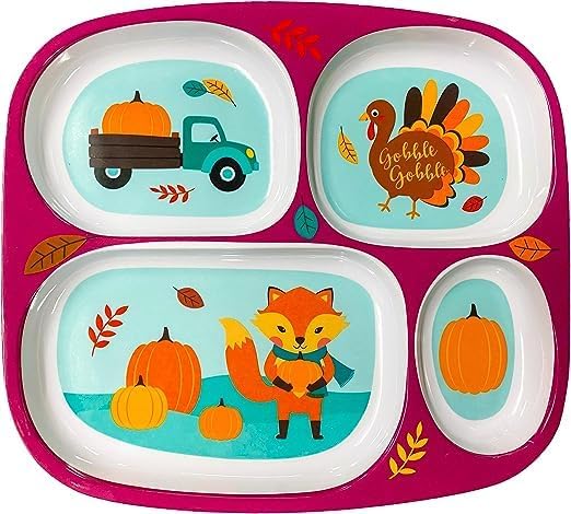 Melamine Kids Plates Set of 4 - Thanksgiving Fall Harvest Designs with 4 Cute Patterns, Durable Unbreakable Dishware for Children - Perfect for Thanksgiving Dinner, Fall Parties, and Everyday Family Meals
