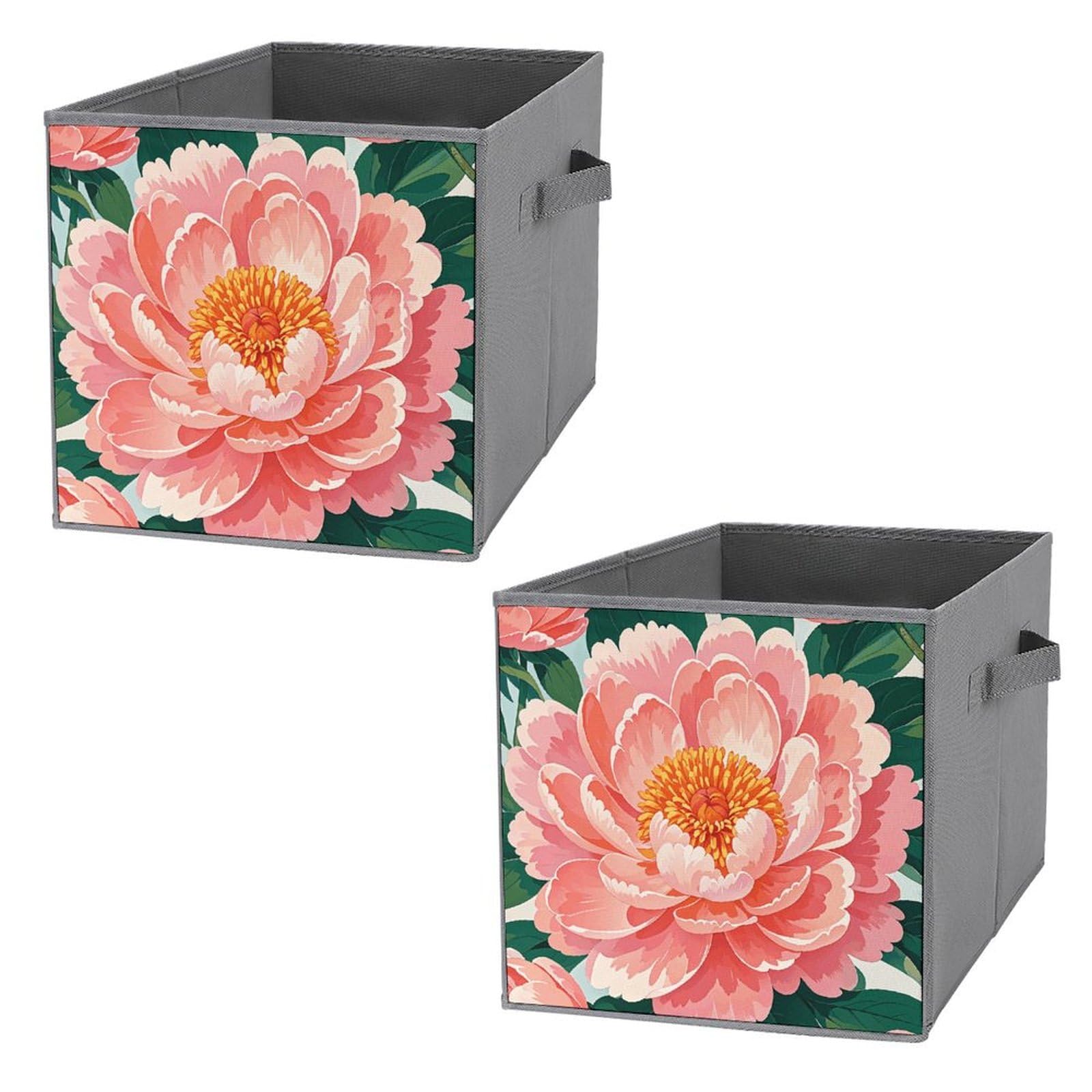 2PCS Collapsible Storage Bins with Handles - Peach Peony Print for Shelves & Home Organization