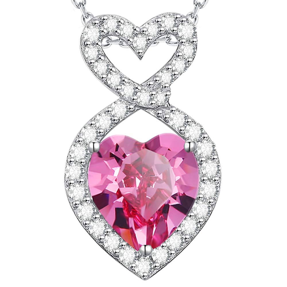 October Birthstone Necklace for Women - Sterling Silver Pink Tourmaline Double Heart Infinity Pendant - Mothers Day Gift, Birthday Present for Wife & Mom - Perfect for Anniversaries, Valentines & Special Occasions