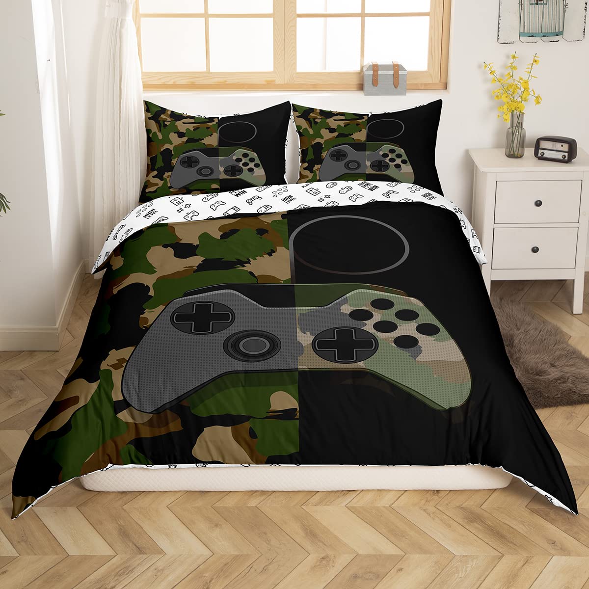 Gamer Bedding Set - Camouflage Gamepad Printed Comforter Cover in Army Green - Twin Size Soft Duvet Cover for Teens, Boys & Girls - Perfect for Gaming Rooms, Sleepovers & Video Game Themed Decor