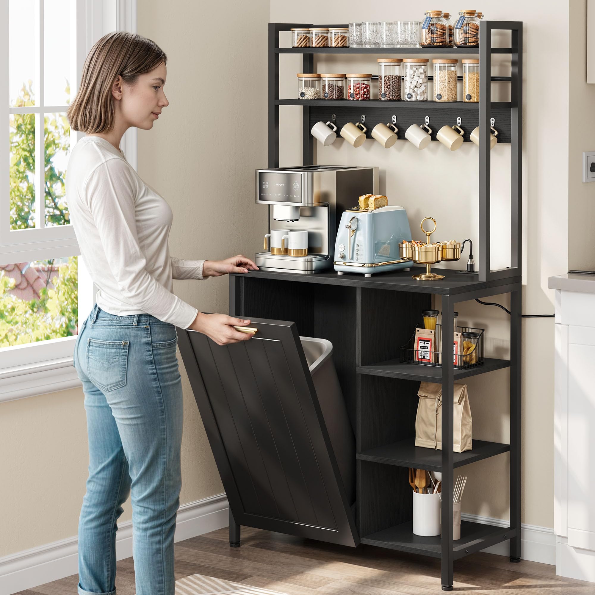 YITAHOME 6-Tier Bakers Rack with Storage, Microwave Stand with Trash Bin Cabinet & Power Outlet - Large Coffee Station for Kitchen, Dining Room & Living Room - Perfect for Small Spaces & Home Organization (Black)