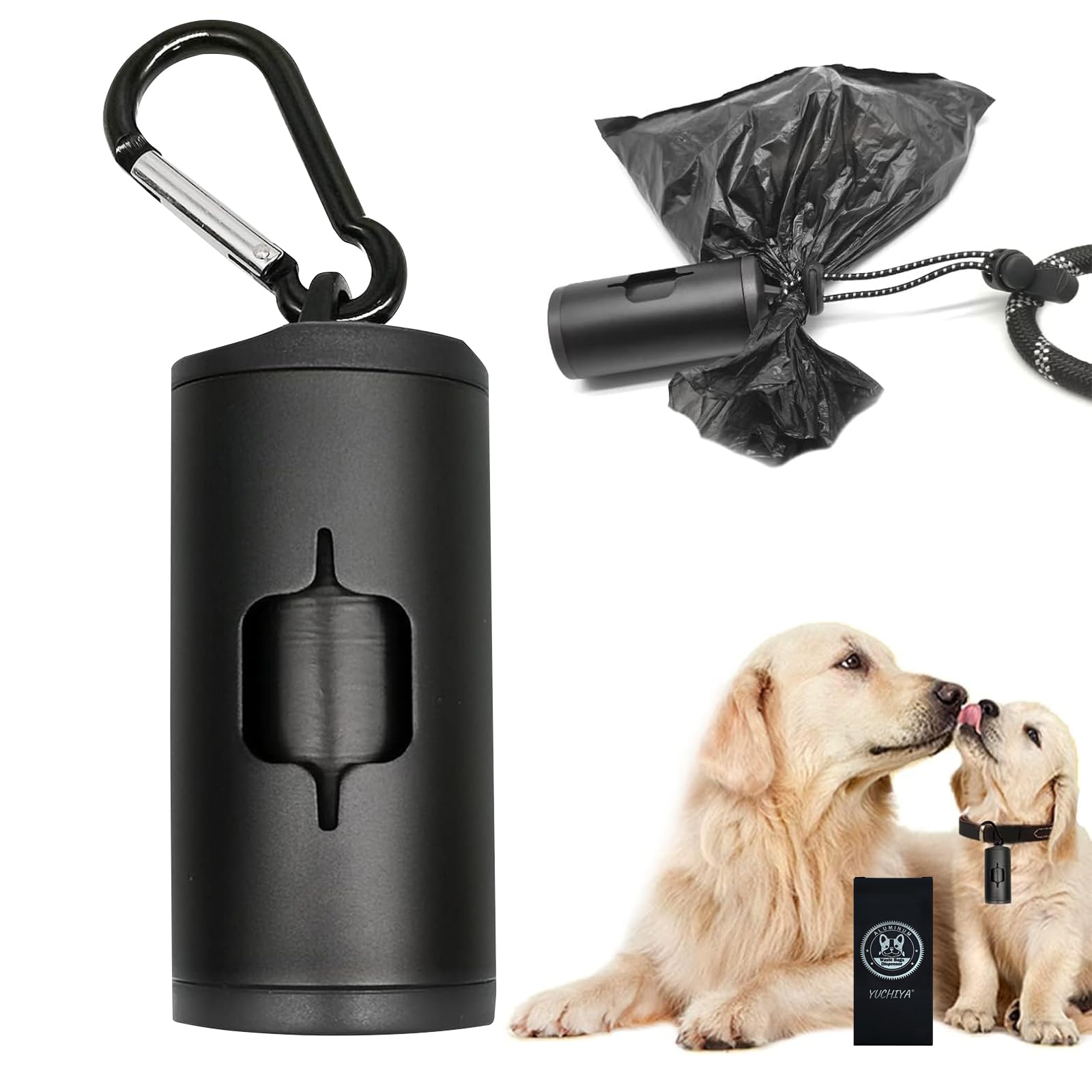 Durable Aluminum Dog Poop Bag Holder with Carabiner Clip - Metal Pet Waste Dispenser with Hook & Loop Fastener, Elastic Cord & 15 Waste Bags Included (Black) - Perfect for Walking, Hiking & Outdoor Adventures with Your Dog
