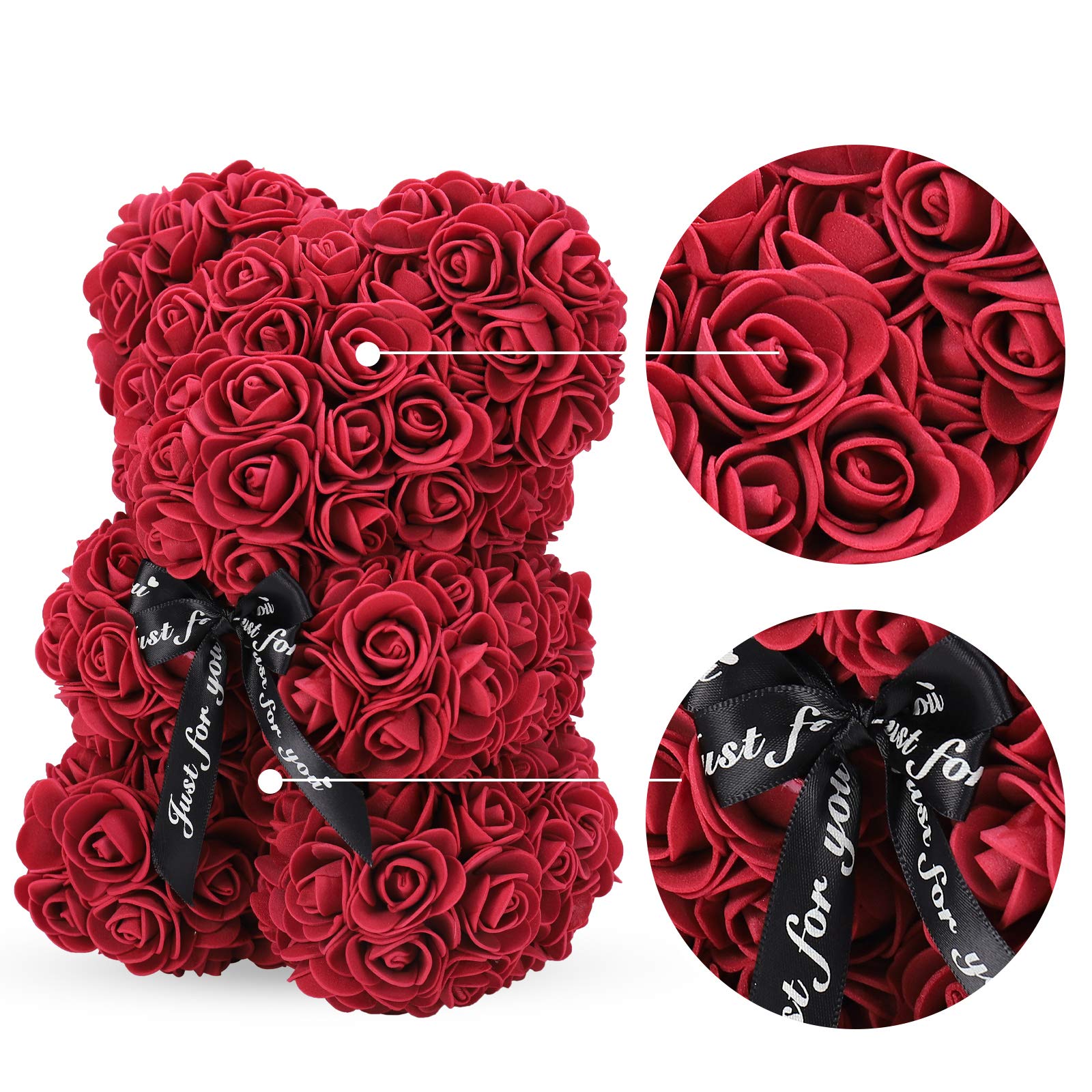 LINKLO 10-inch Rose Teddy Bear - Artificial Rose Flower Bear with Transparent Gift Box, Romantic Gift for Wedding, Mother's Day & Anniversary (Deep Red) | Perfect for Valentine's Day, Birthday Surprises & Home Decor