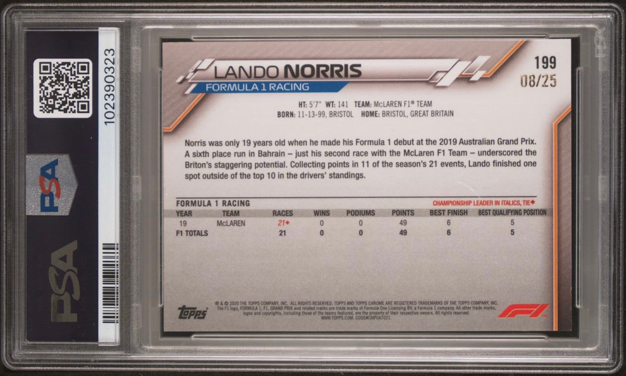 2020 Topps Chrome F1 Lando Norris #199 Orange Rookie Card PSA 8 - Collectible Racing Memorabilia for F1 Fans & Sports Card Enthusiasts