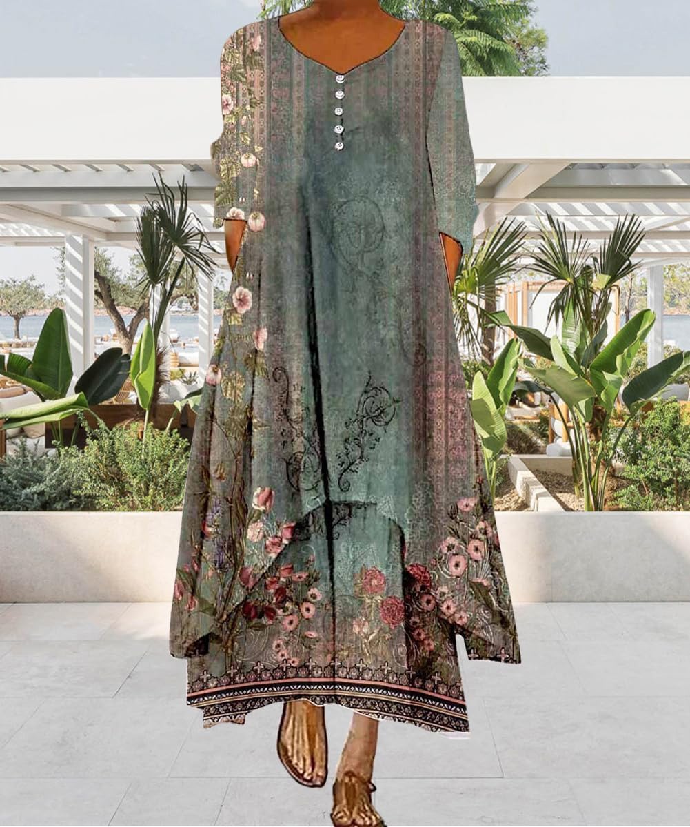 Boho Linen Maxi Dress for Women - Long Sleeve Flowy Summer Dress with Floral Print & Irregular Hem | Perfect for Beach Vacations, Music Festivals & Boho Chic Outfits