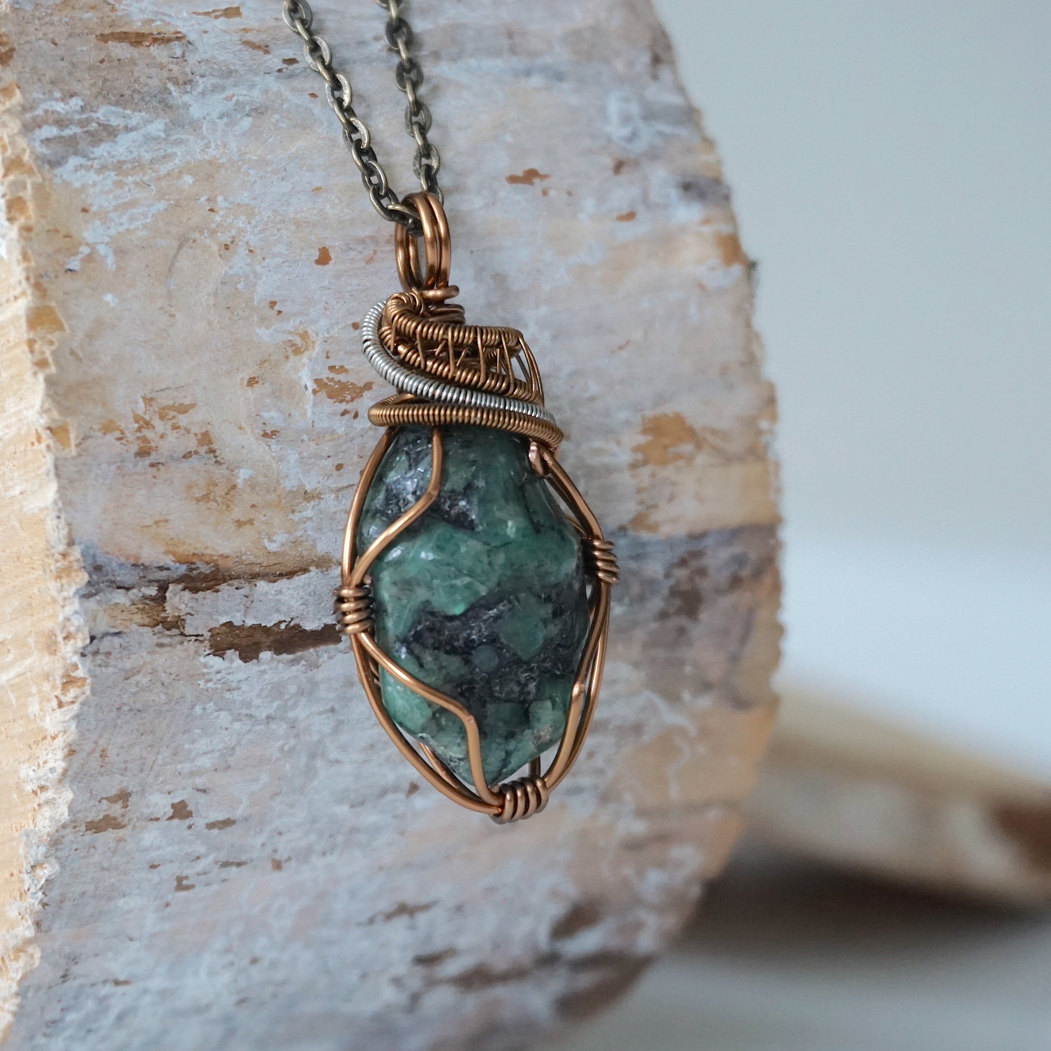 Natural Raw Emerald Crystal Necklace with Sterling Silver & Bronze Wire Wrapping - Healing Stone Jewelry for Meditation, Energy Cleansing & Spiritual Gifts