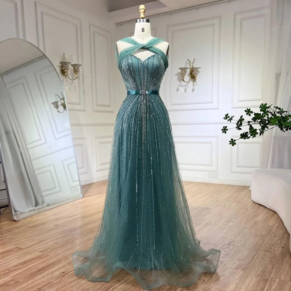 Luxury Beaded Mermaid Evening Gown for Women - Dubai Turquoise Spaghetti Strap Wedding Party Dress 2025 | Elegant Formal Gowns for Prom, Red Carpet & Special Occasions