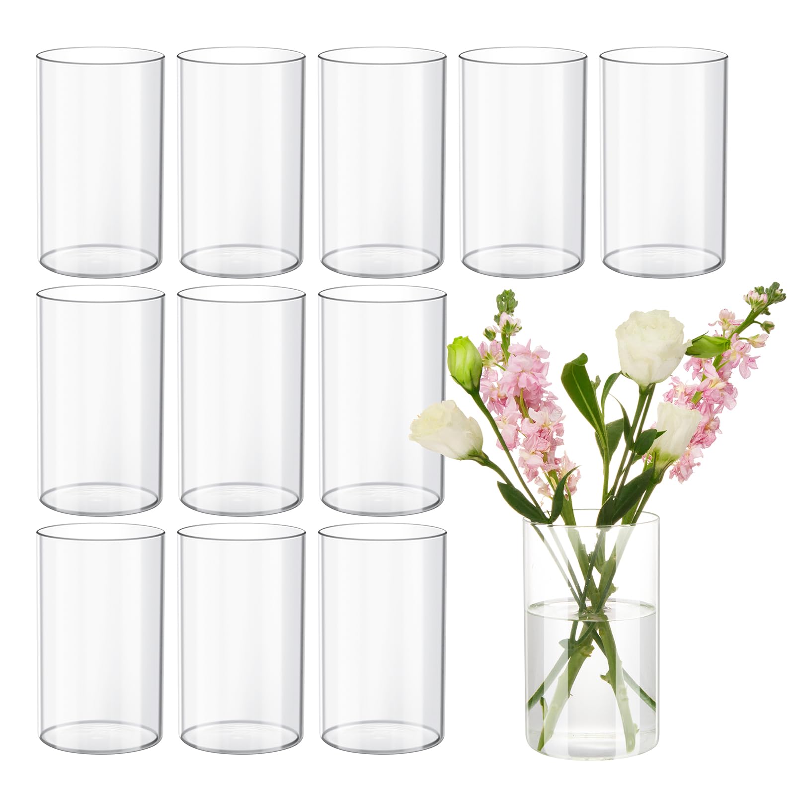 12Pcs Glass Cylinder Vases for Wedding Centerpieces - 6 Inch Tall Clear Flower Vases for Table Decor, Bulk Hurricane Candle Holders, Party & Home Decor - Perfect for Weddings, Events, and Shelf Displays