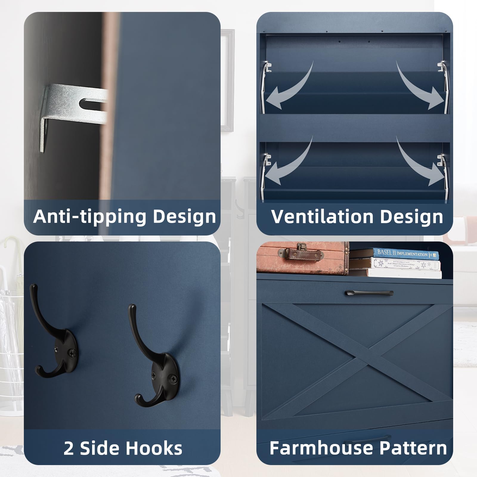 Farmhouse Shoe Storage Cabinet with 2 Flip Drawers - Narrow Hidden Shoe Organizer with Wood Legs & Open Storage - Free Standing Entryway Shoe Rack for Foyer, Hallway - Navy Blue - Perfect for Small Spaces & Clutter-Free Home Organization