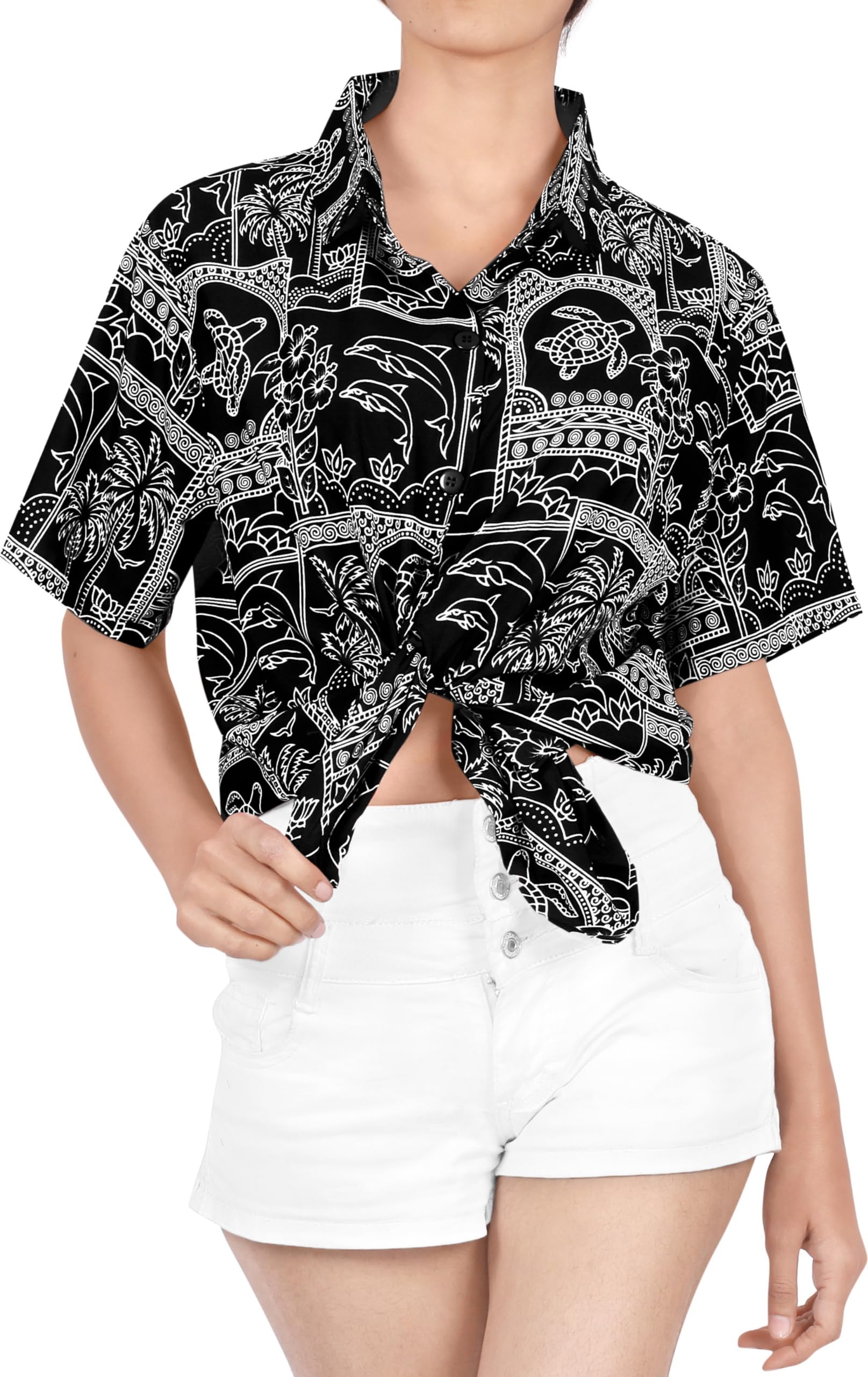LA LEELA Women's Hawaiian Shirt - Floral Beach Short Sleeve Blouse for Summer Vacation, Pool Party & Tropical Getaway | Lightweight Breathable Fabric for Casual Outfits